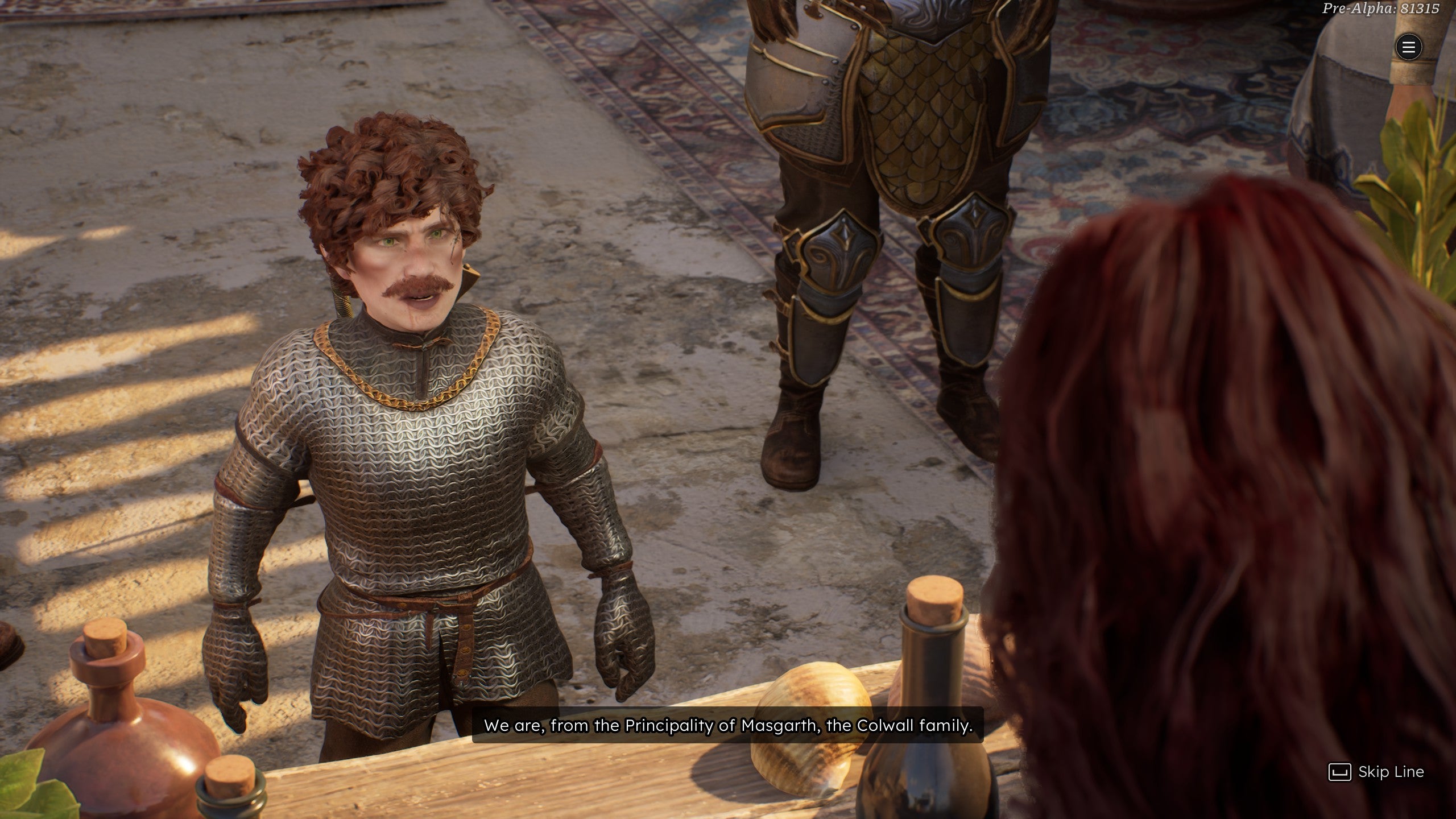 A small, moustachioed halfling man in a chainmail shirt in Solasta 2 looks up at a merchant.