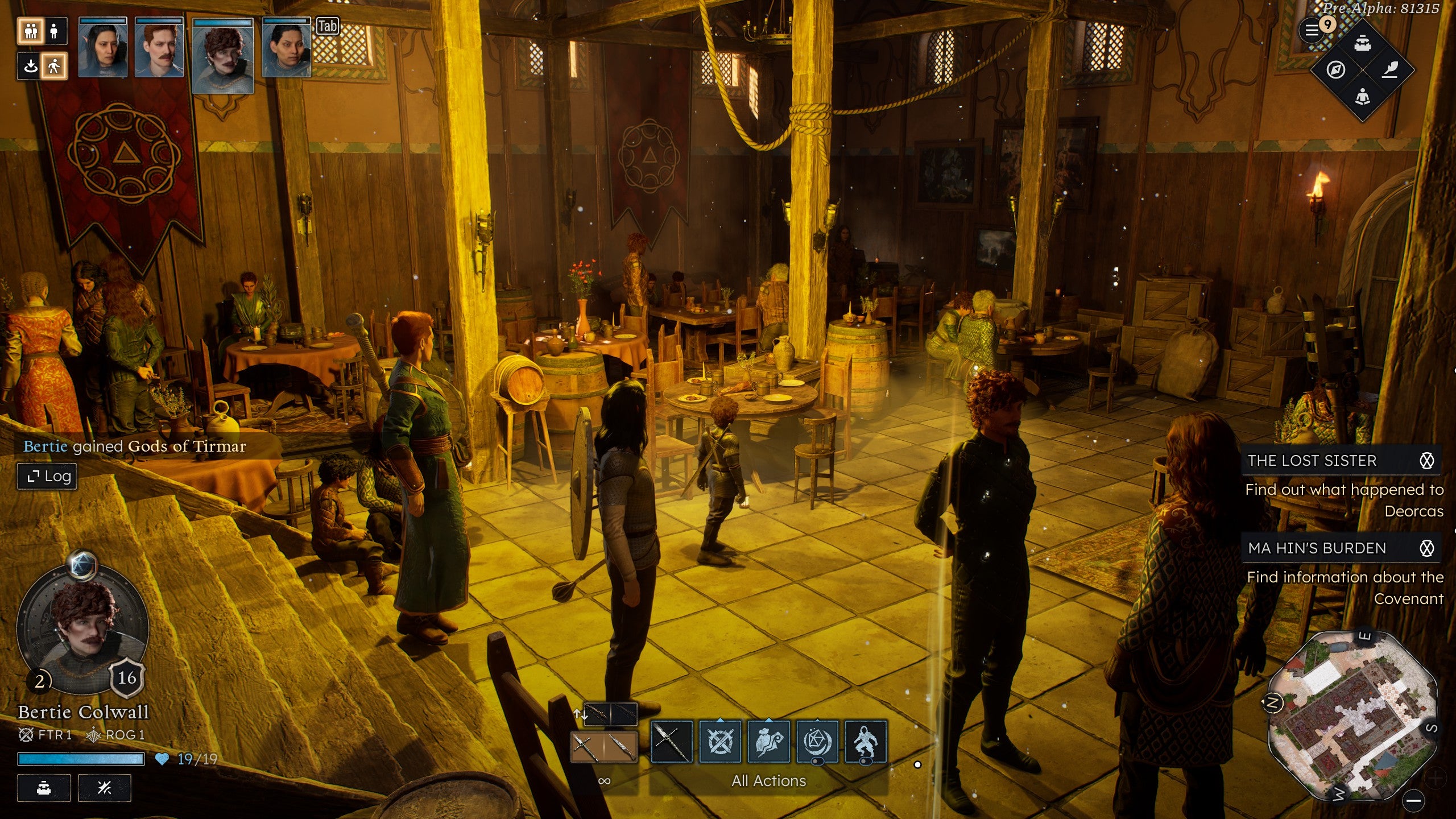 A party of adventurers loiters in a tavern in Solasta 2.