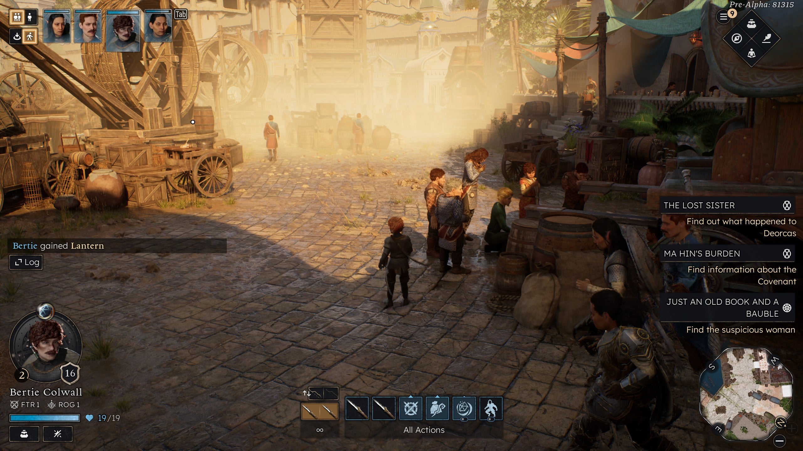 A zoomed out perspective of a party of adventurers in Solasta 2 in a dusty street in a dockside city, lit by the golden evening sun.