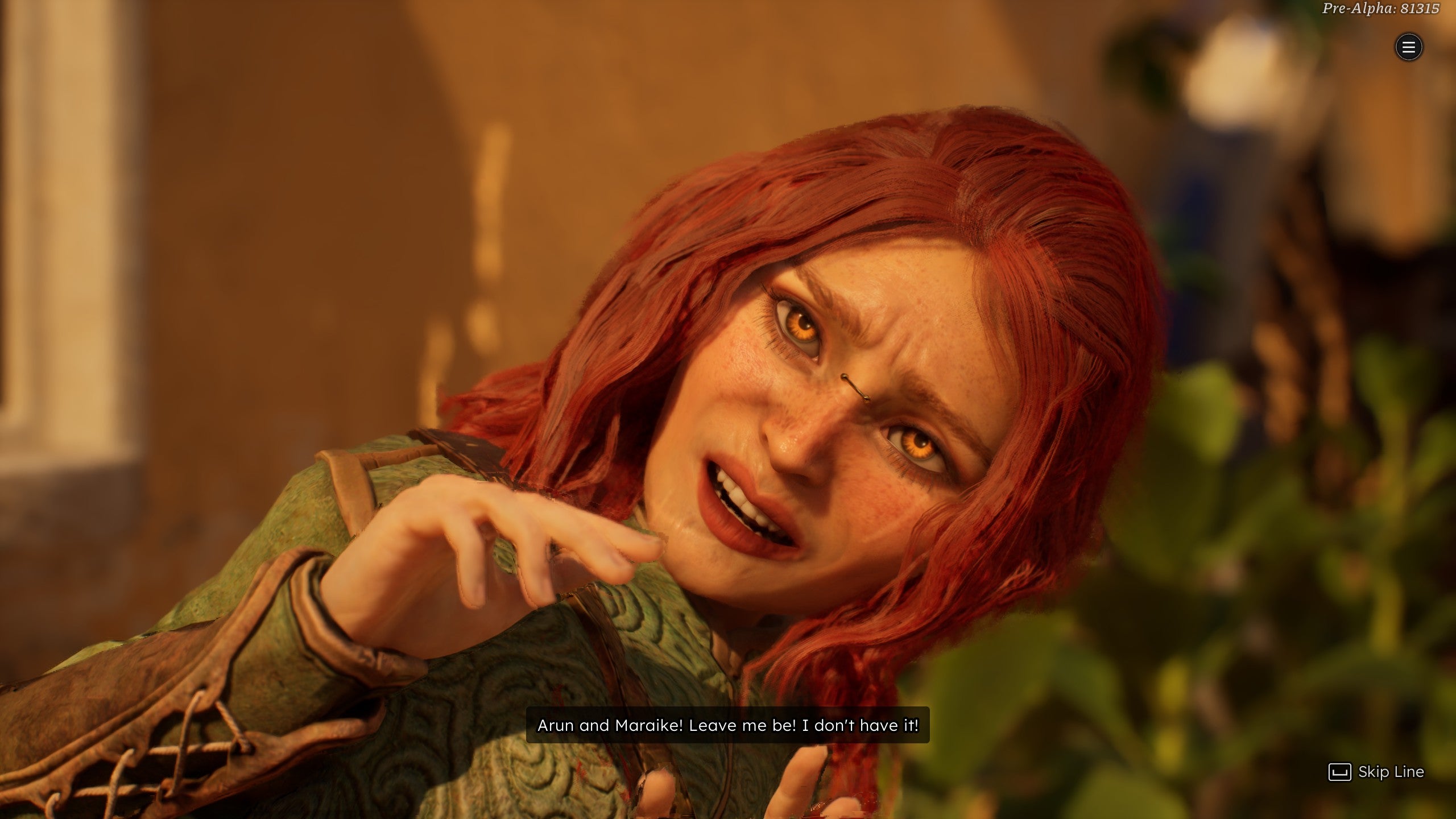 A red-haired halfling woman in Solasta 2 cowers from the camera as if scared