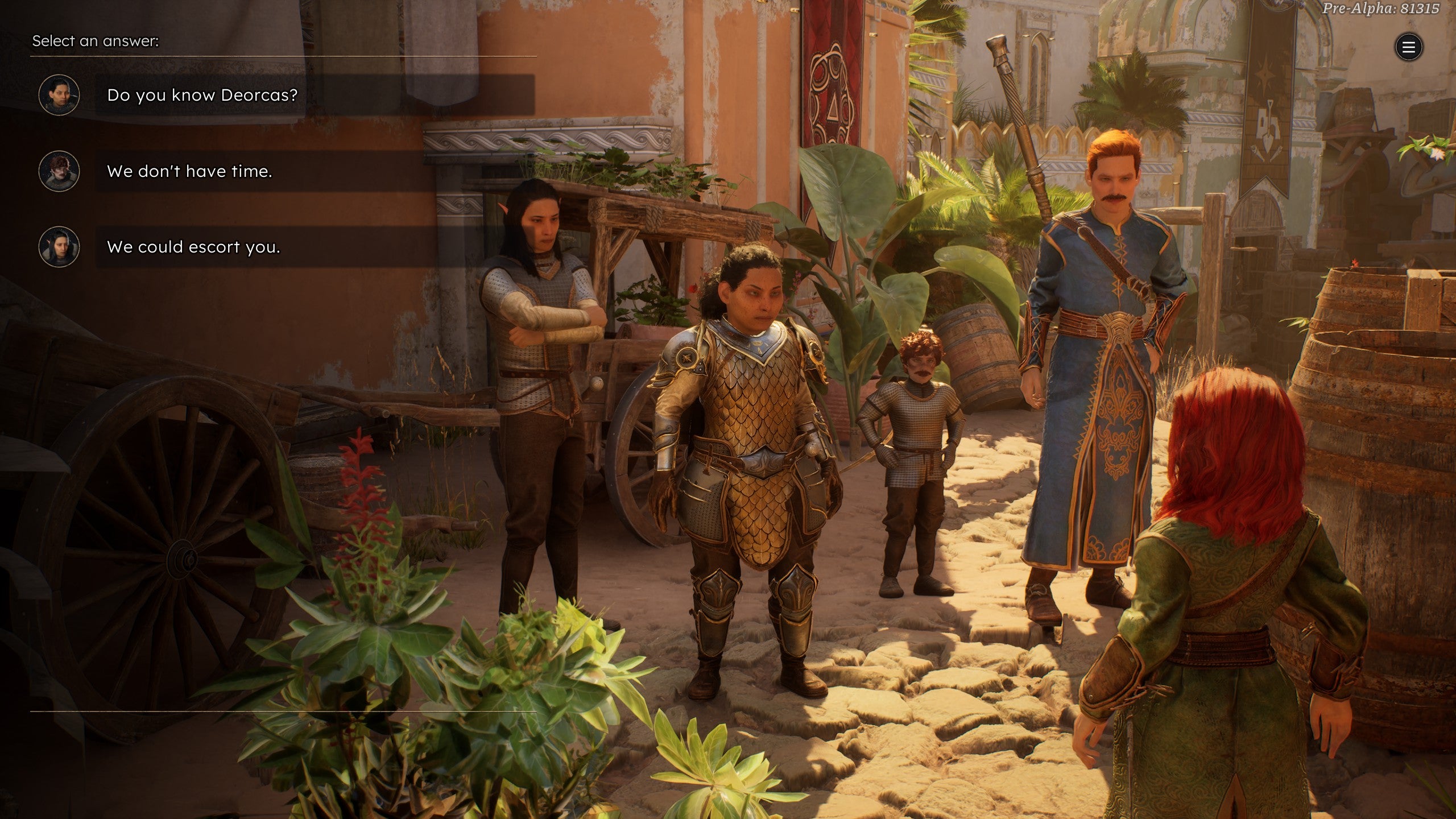 A party of fantasy adventurers in Solasta 2 gathers in a sunlit alley to talk to a red-haired halfling.