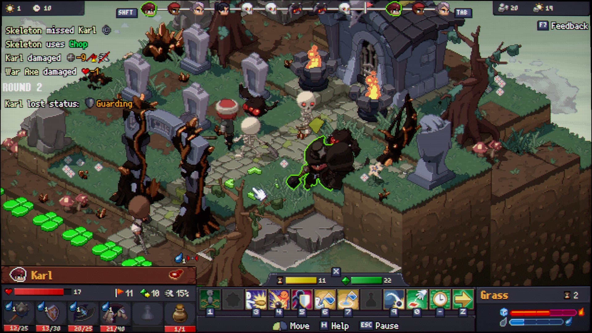 A fight outside a mausoleum in Never's End with skeleton warriors among tombstones and twisted barren trees.