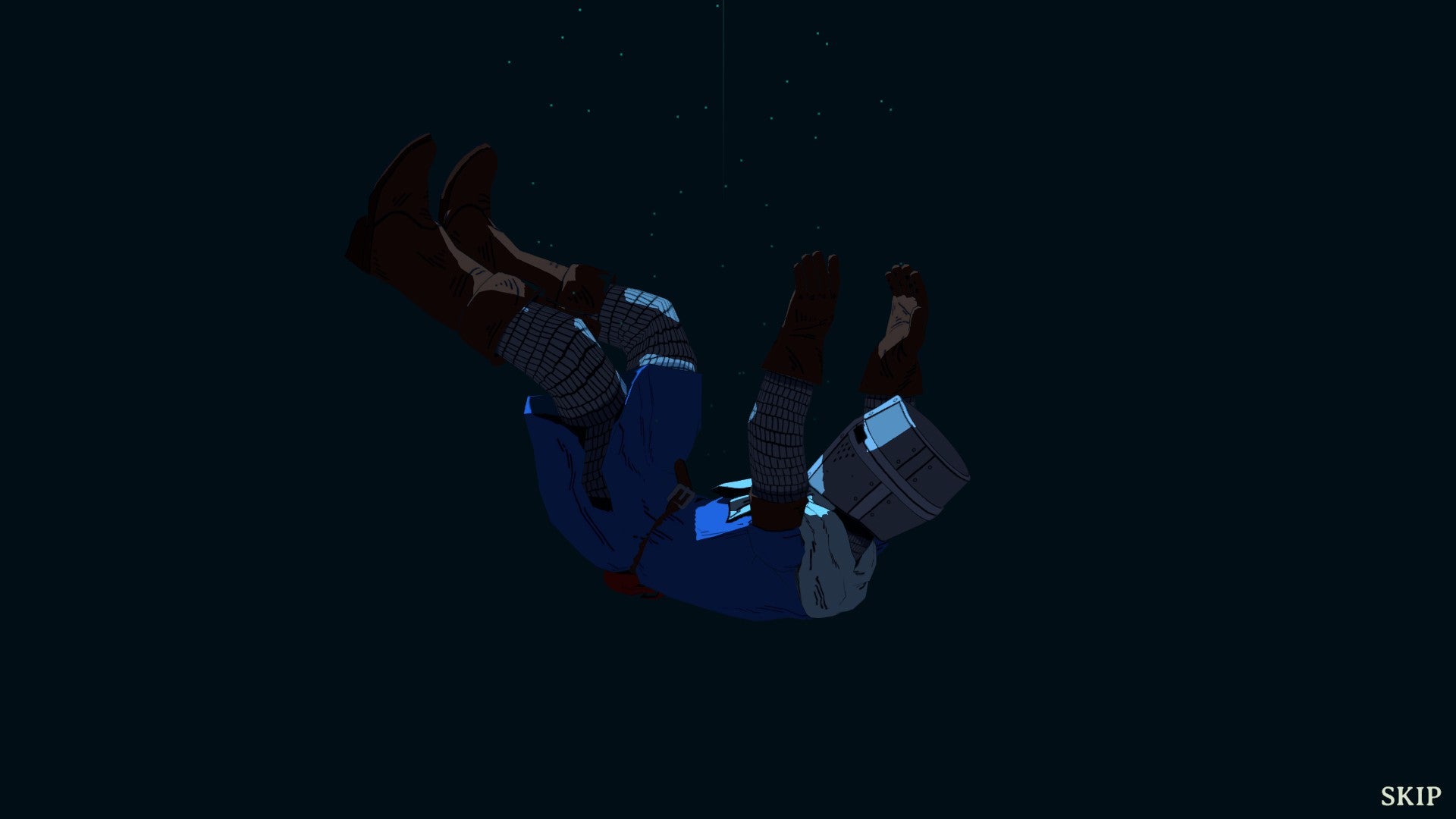 Screenshot from the opening credits in Esoteric Ebb where the player character, a Cleric in knight’s armor and helmet, is sinking in deep water