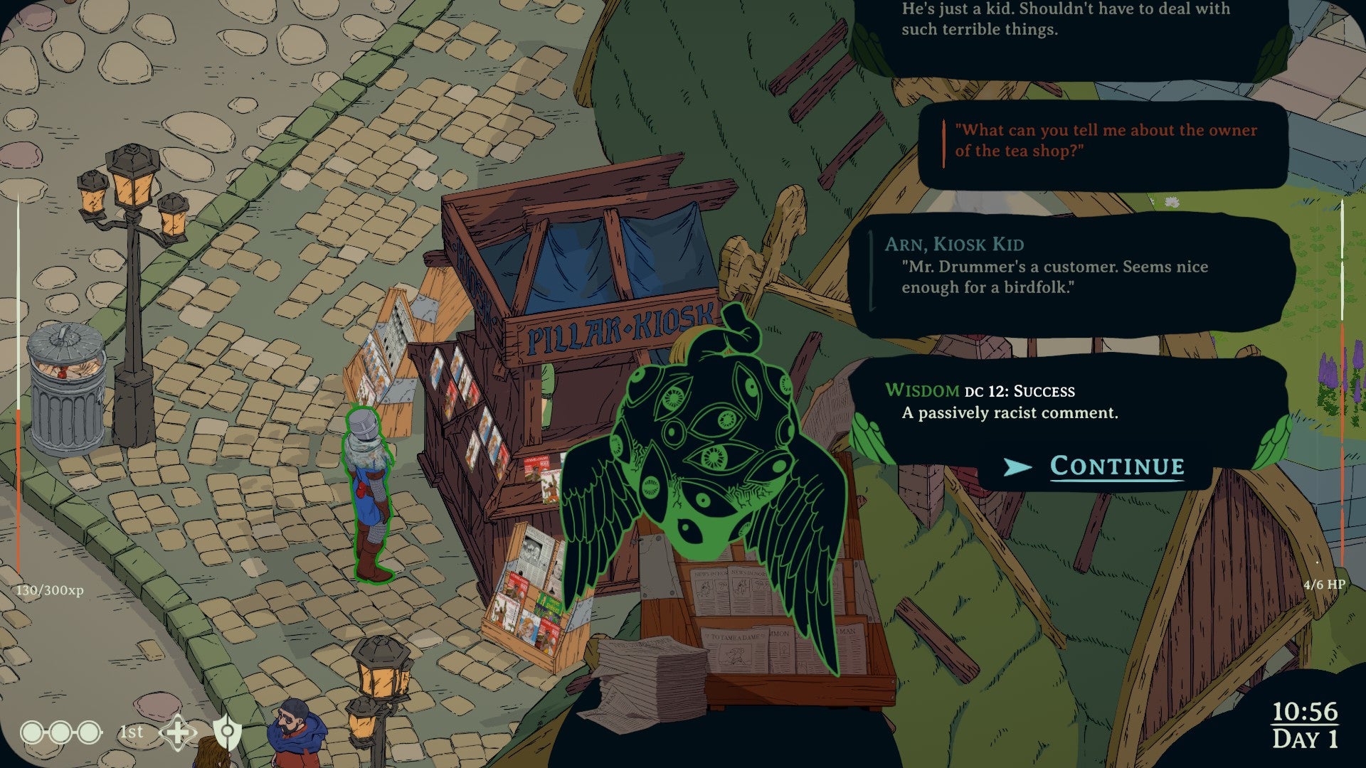 Screenshot from a cutscene in Esoteric Ebb where the player is talking to a human kid manning a magazine kiosk who makes a “passively racist comment” about birdfolk