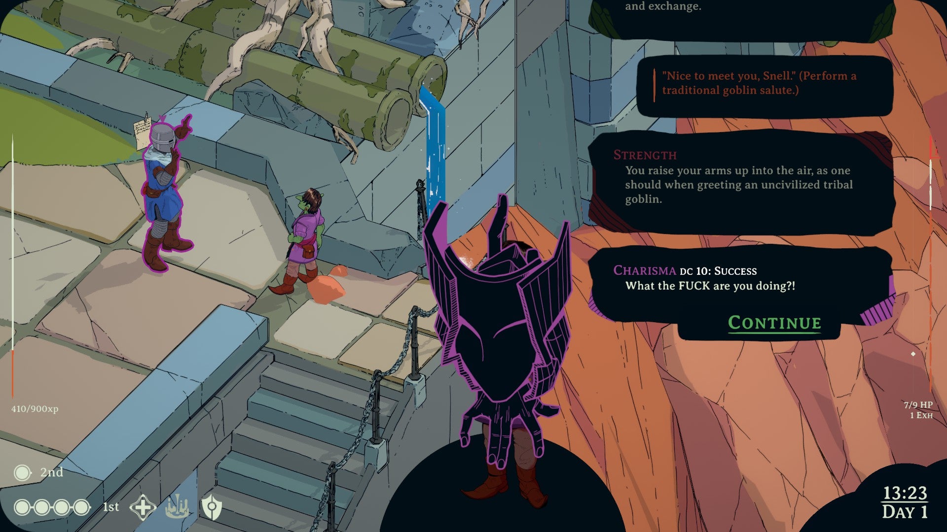 Screenshot from Esoteric Ebb where the player is staring at an overflowing garbage can on a street and contemplating whether the pastry he took out of the can was actually in the garbage, above the rim of the garbage, or adjacent to the garbage