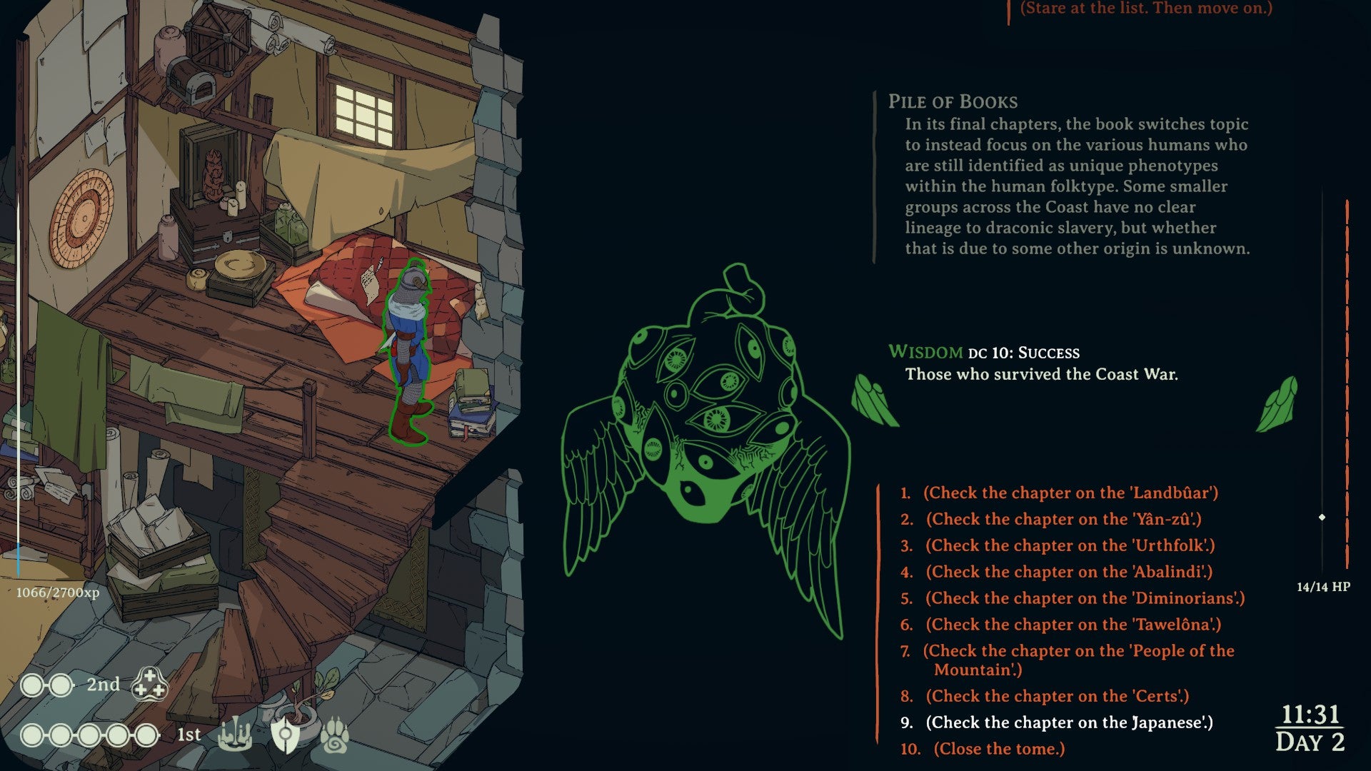 Screenshot from Esoteric Ebb where the player is looking at a pile of books in a room. The on-screen text description for one book lists nine chapters of different folktypes, all fantastical, with the final option as “Check the chapter on the Japanese."