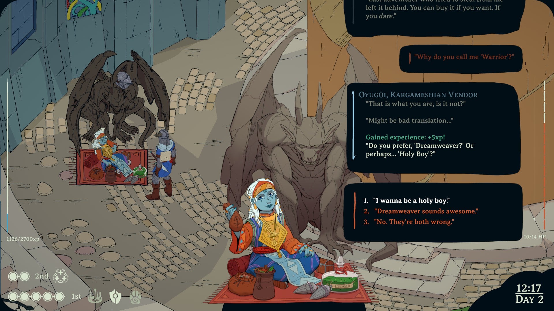 Screenshot from Esoteric Ebb showing an NPC vendor, Oyugui, and her gargoyle, talking to the player