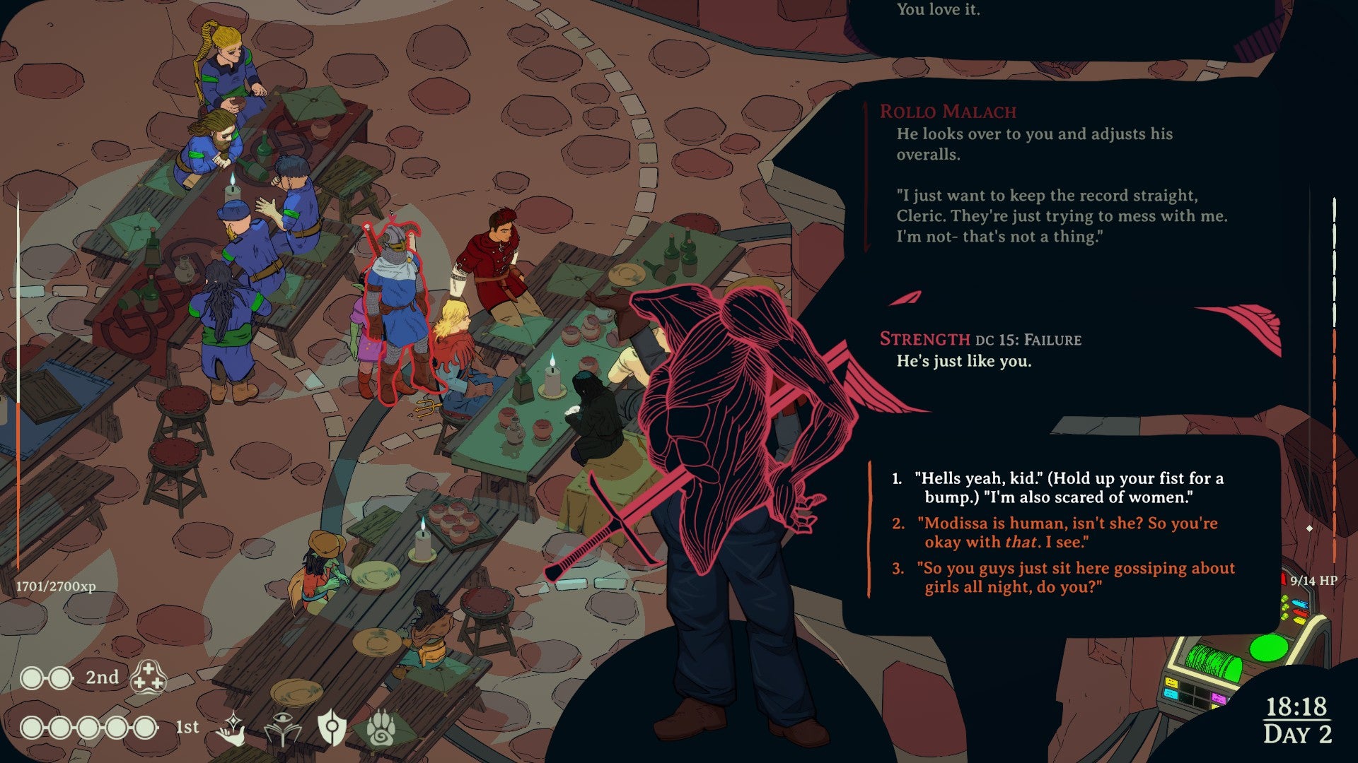 Screenshot from Esoteric Ebb showing the Cleric player trying to have a relatable moment with a teenager in a tavern, with the first dialogue option being “Hells yeah, kid… I’m also scared of women.”