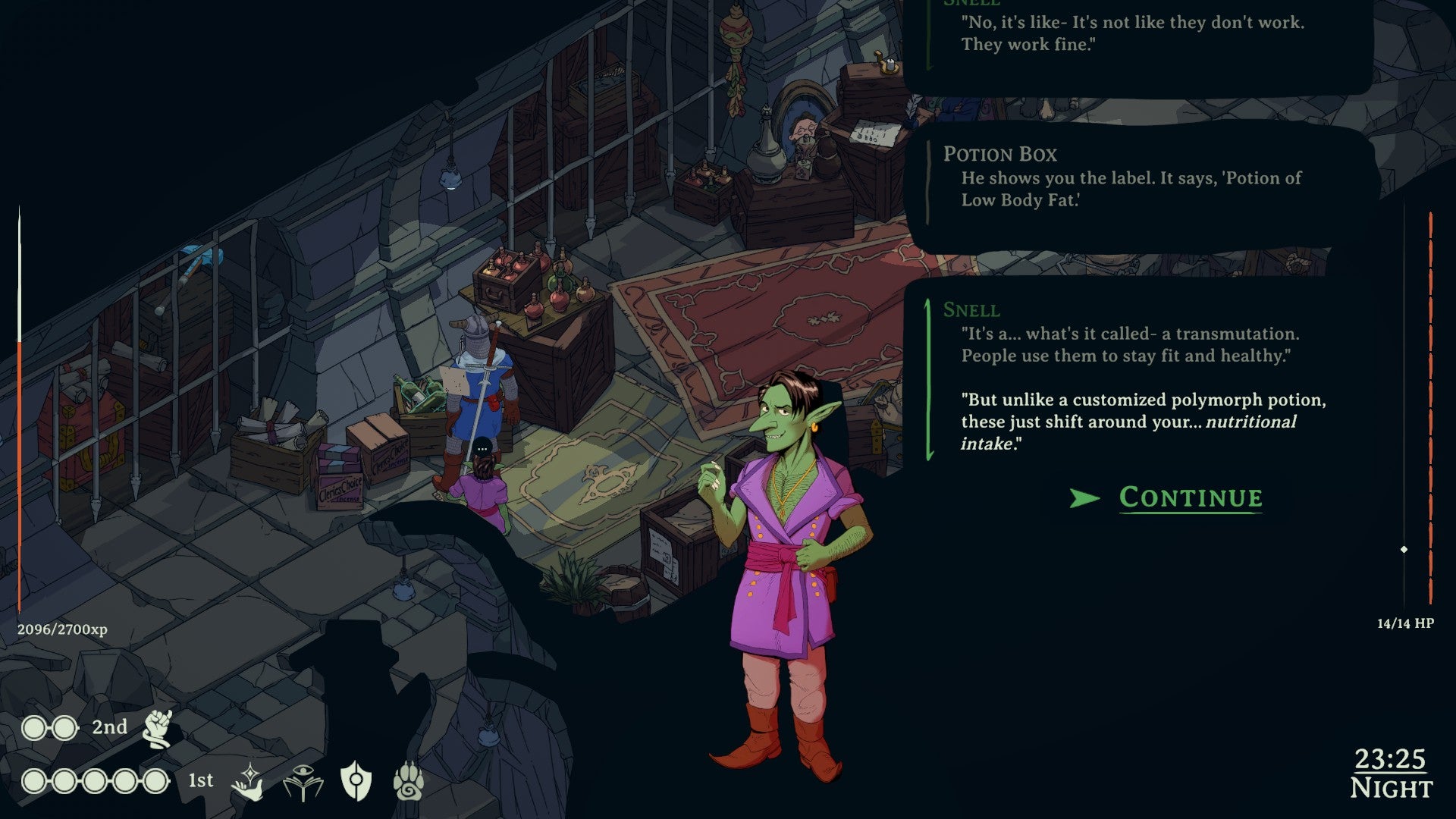 Screenshot from Esoteric Ebb where the player’s goblin companion, Snell, describes a box of potions you just found as the equivalent of fantasy world Ozempic