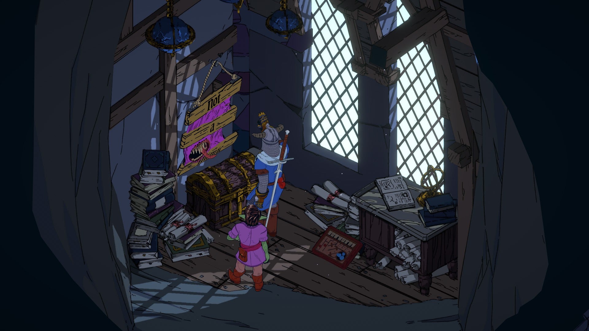 Screenshot from Esoteric Ebb where the Cleric player and his goblin companion explore a secret room with a chest that may or may not be a mimic