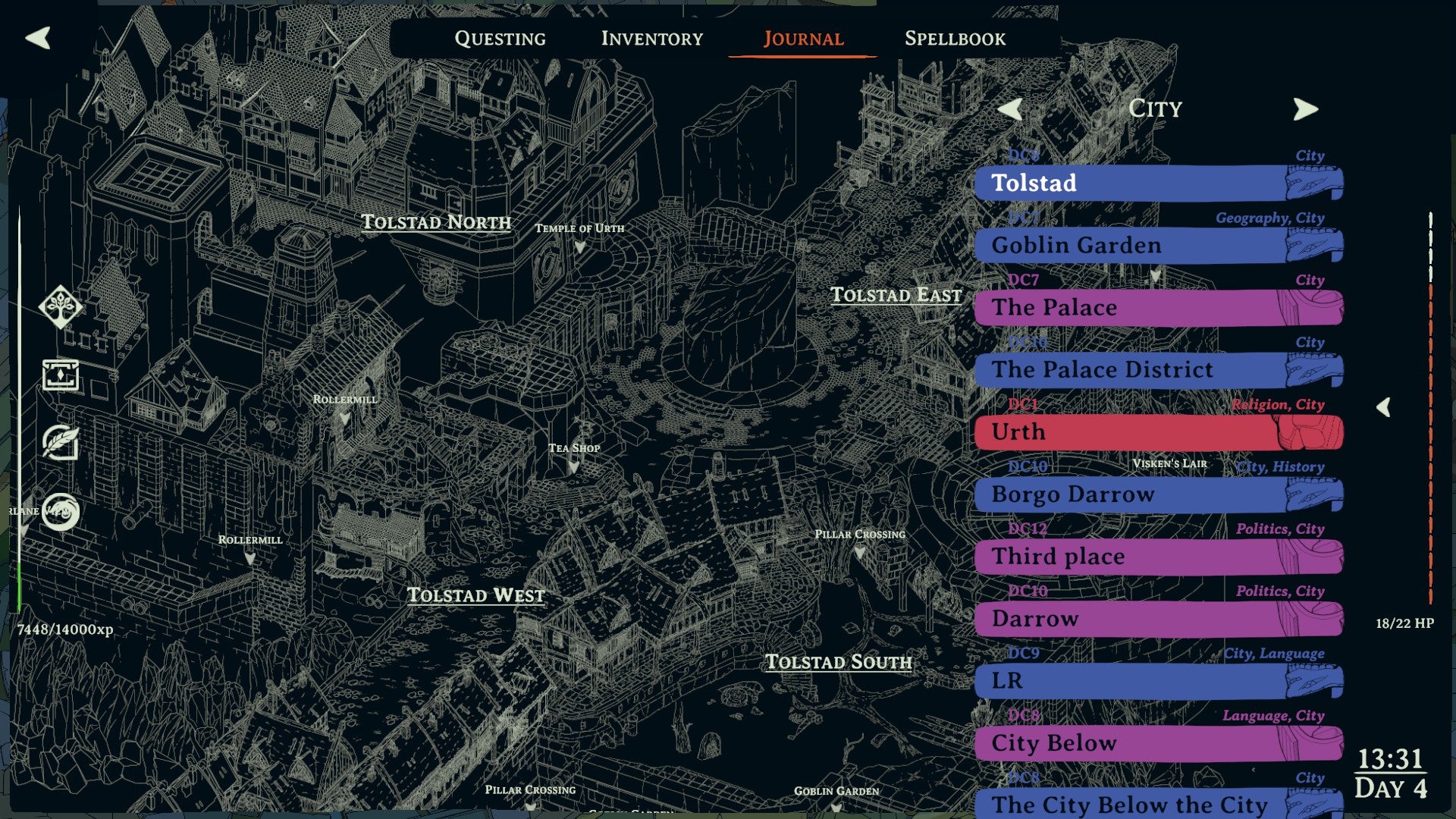Screenshot from Esoteric Ebb that shows the game’s black-and-white linework city map with location names labeled