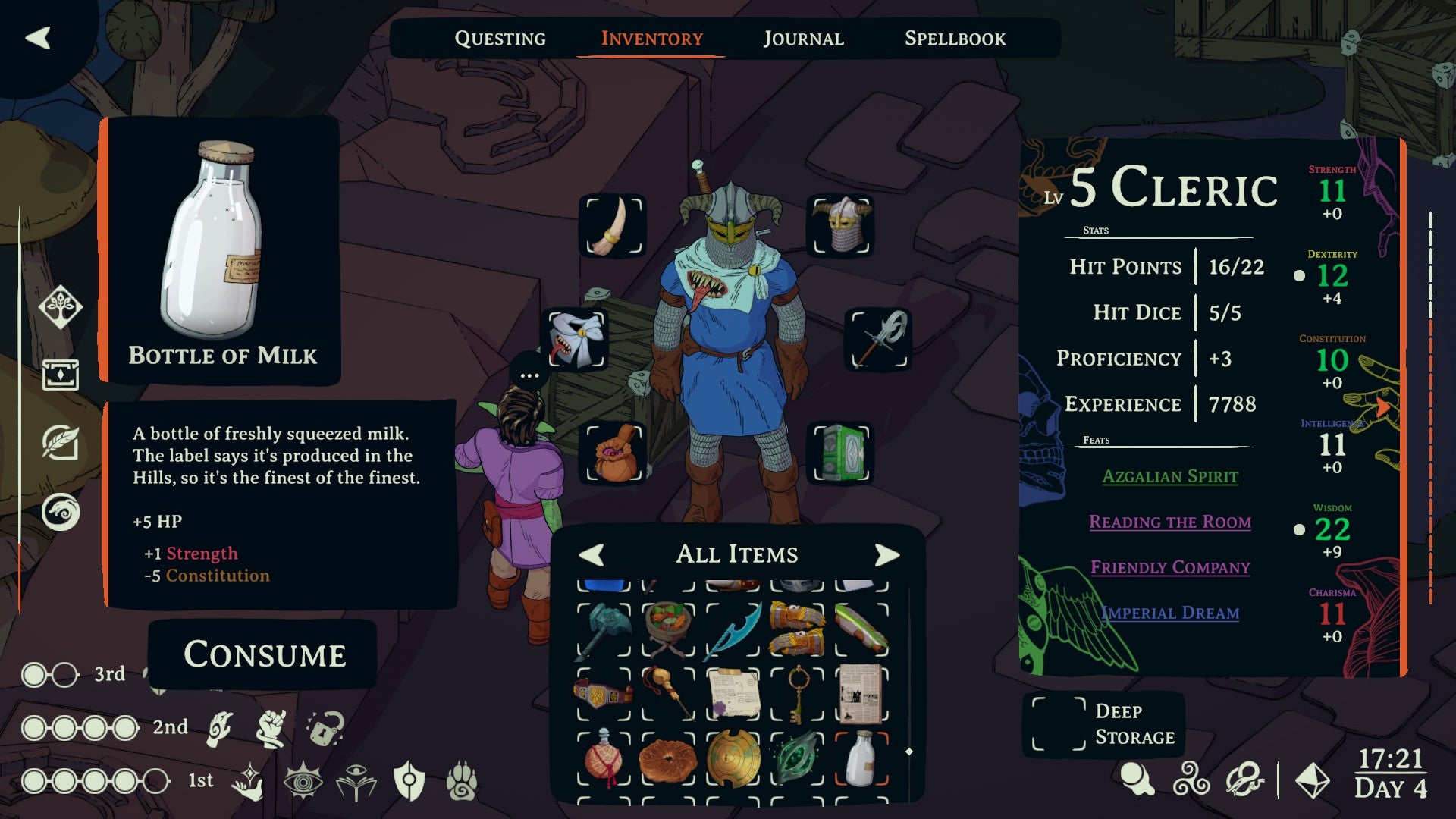 Screenshot from Esoteric Ebb showing the player character’s profile and inventory, specifically highlighting a Bottle of Milk that reduces his constitution