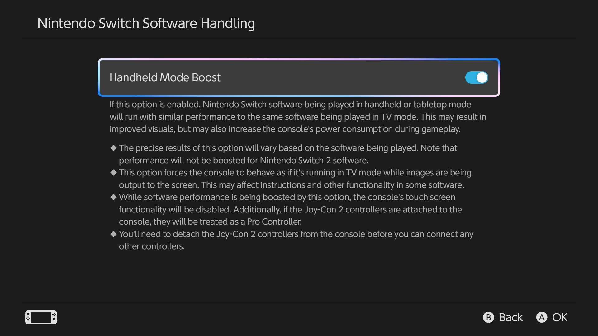 Nintnedo Switch 2 Handheld Boost mode options screen.