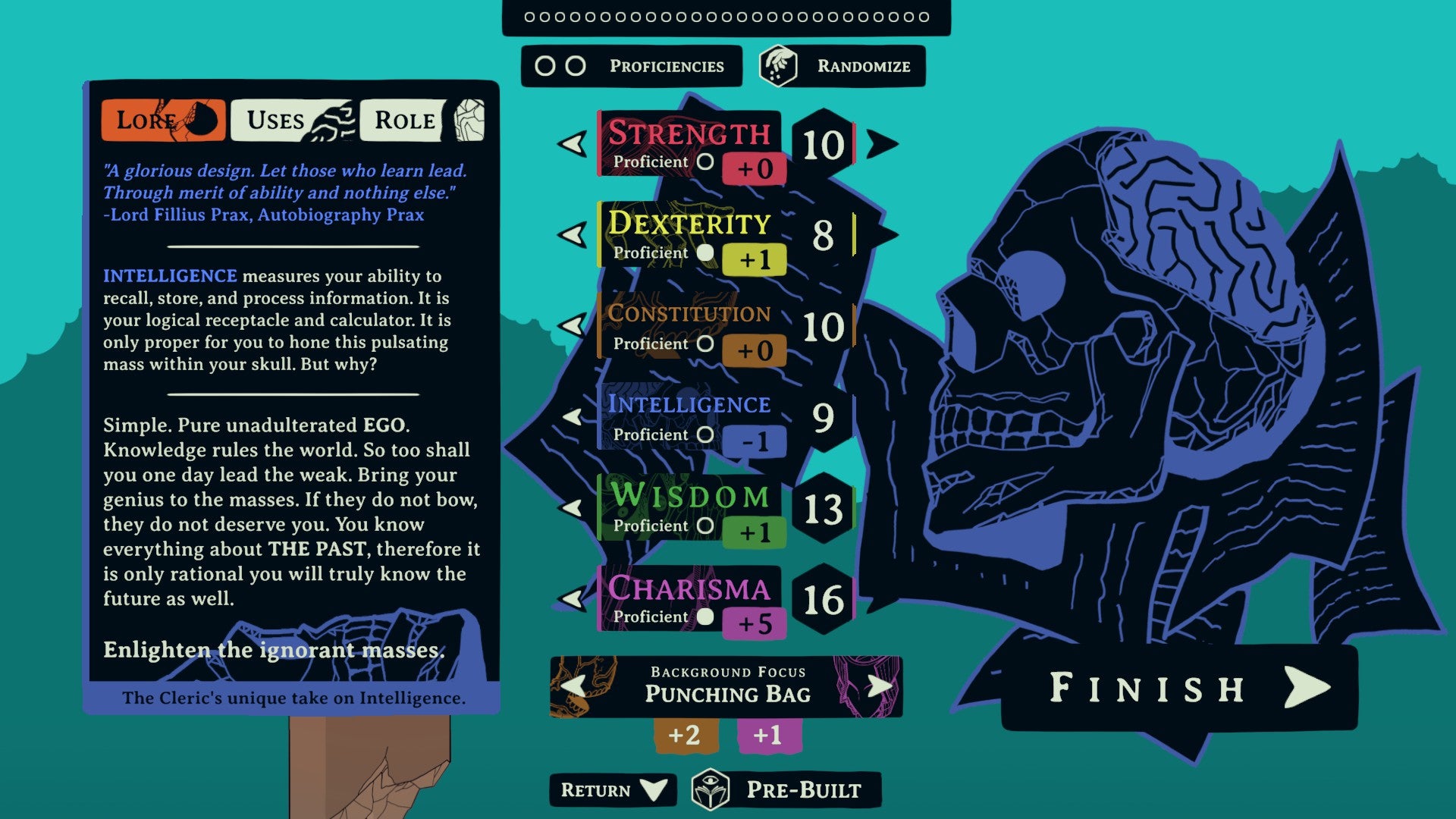 Screenshot from Esoteric Ebb showing the Intelligence page on the character creation screen where the player sorts out their stats