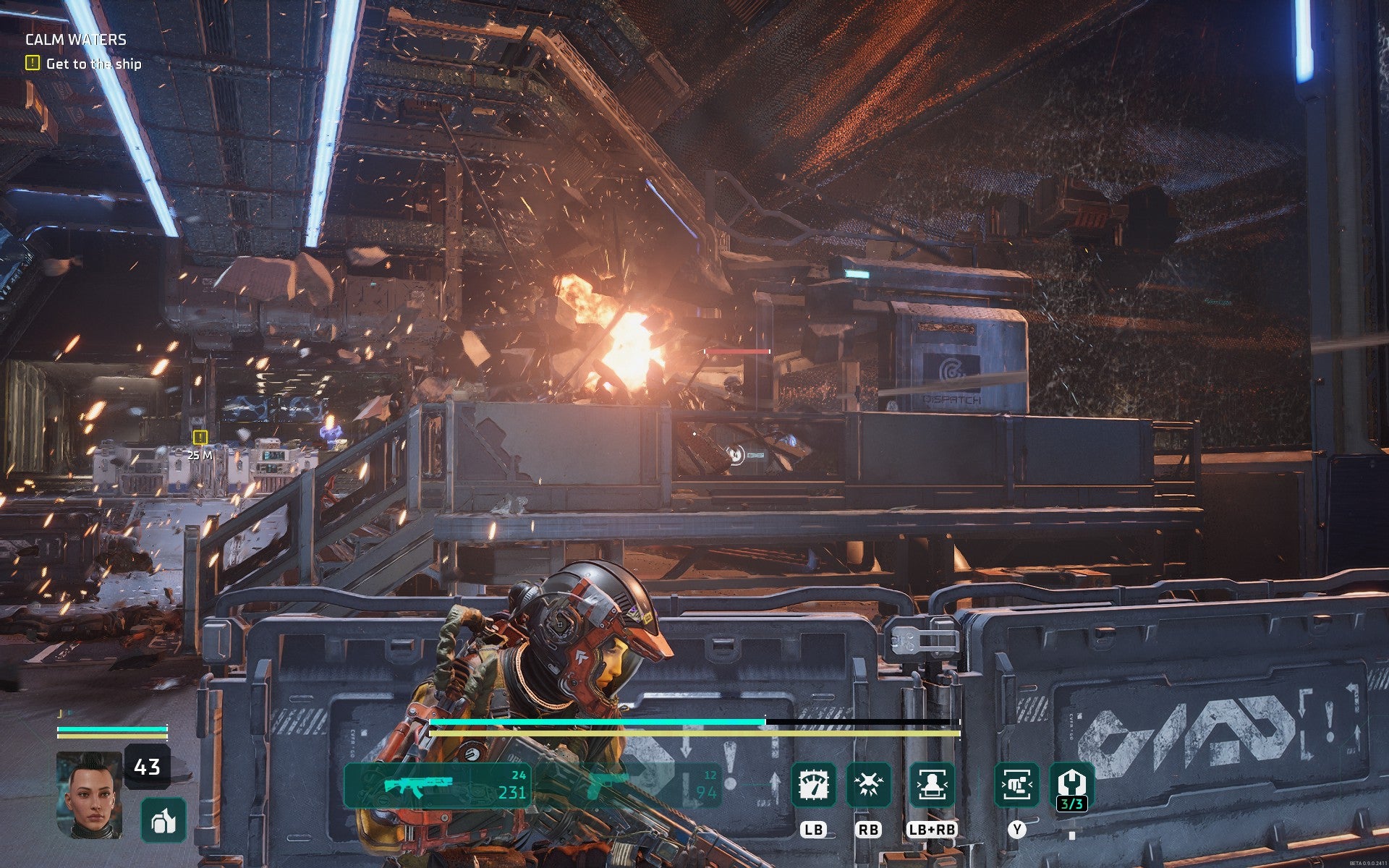 An image of the female protagonist taking cover behind a crate while gunship fire shreds the space station hangar beyond, from a combat sequence in The Expanse: Osiris Reborn.
