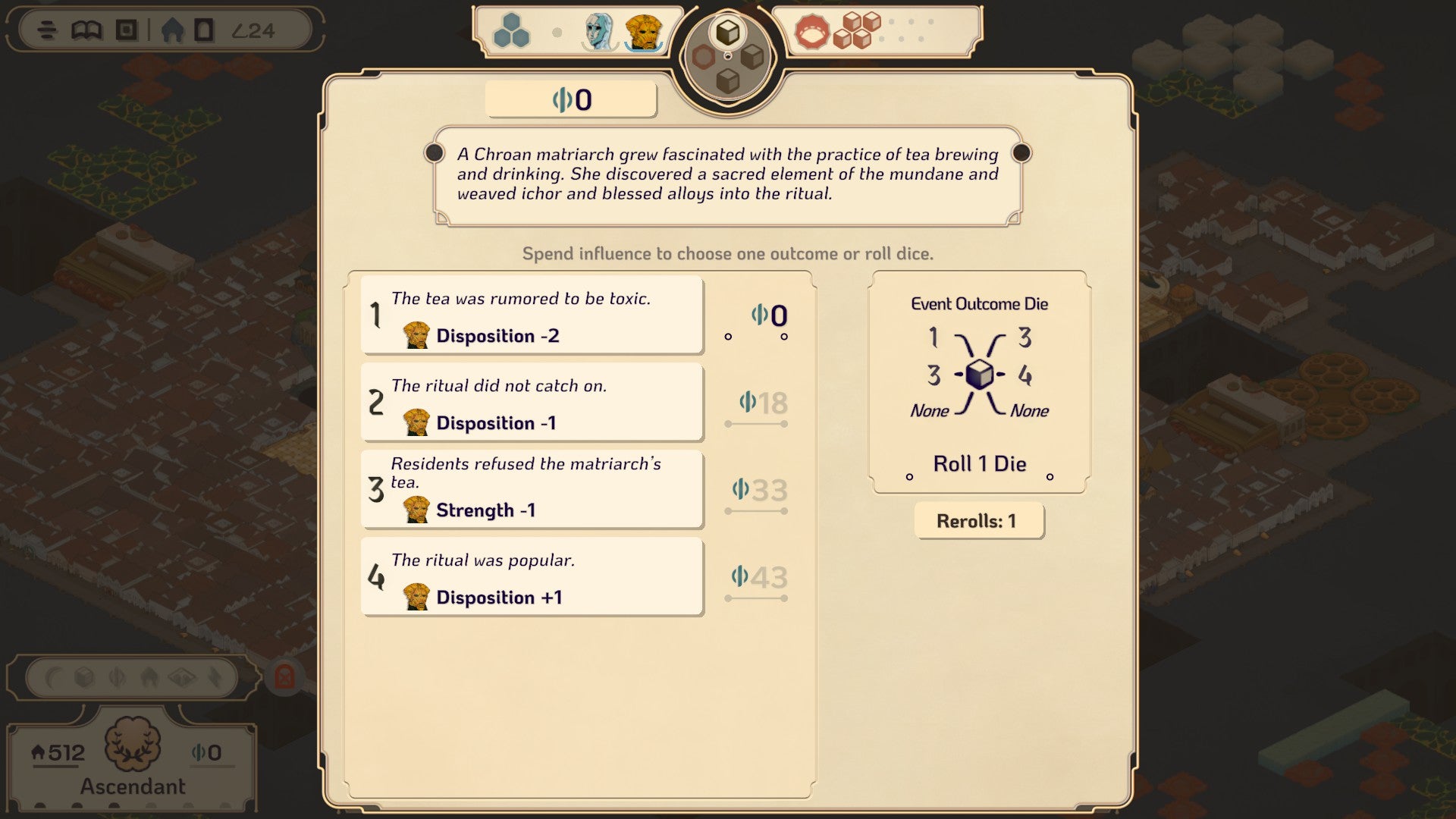 Screenshot from Amberspire that shows an event window where a Chroan matriarch develops her own tea ritual, and the player must determine the outcome by spending influence or rolling dice