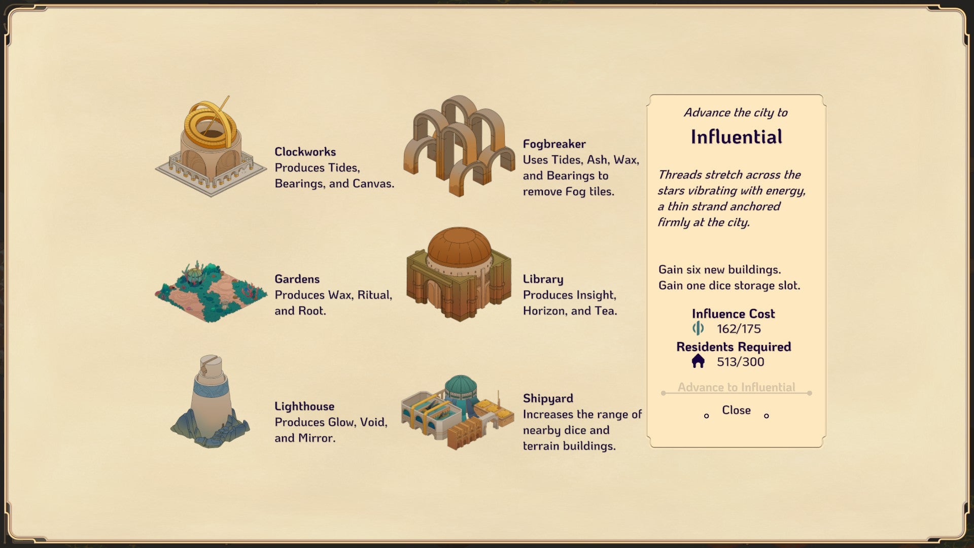 Screenshot from Amberspire that shows the upgrade screen when the city is ready to advance to “Influential,” featuring six new types of buildings
