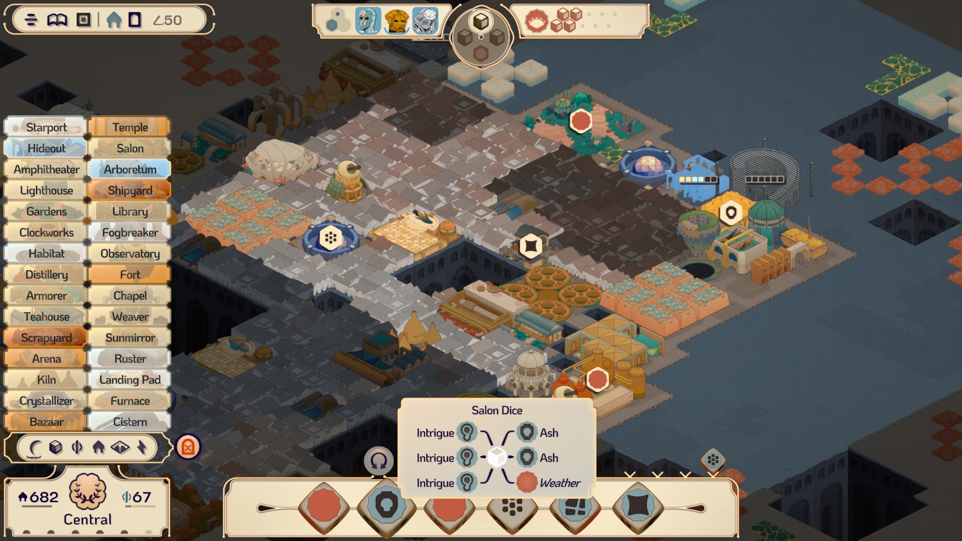 Screenshot from Amberspire showing the titular city with the game UI highlighting one of the dice from the Salon building, which can produce intrigue, ash, or weather