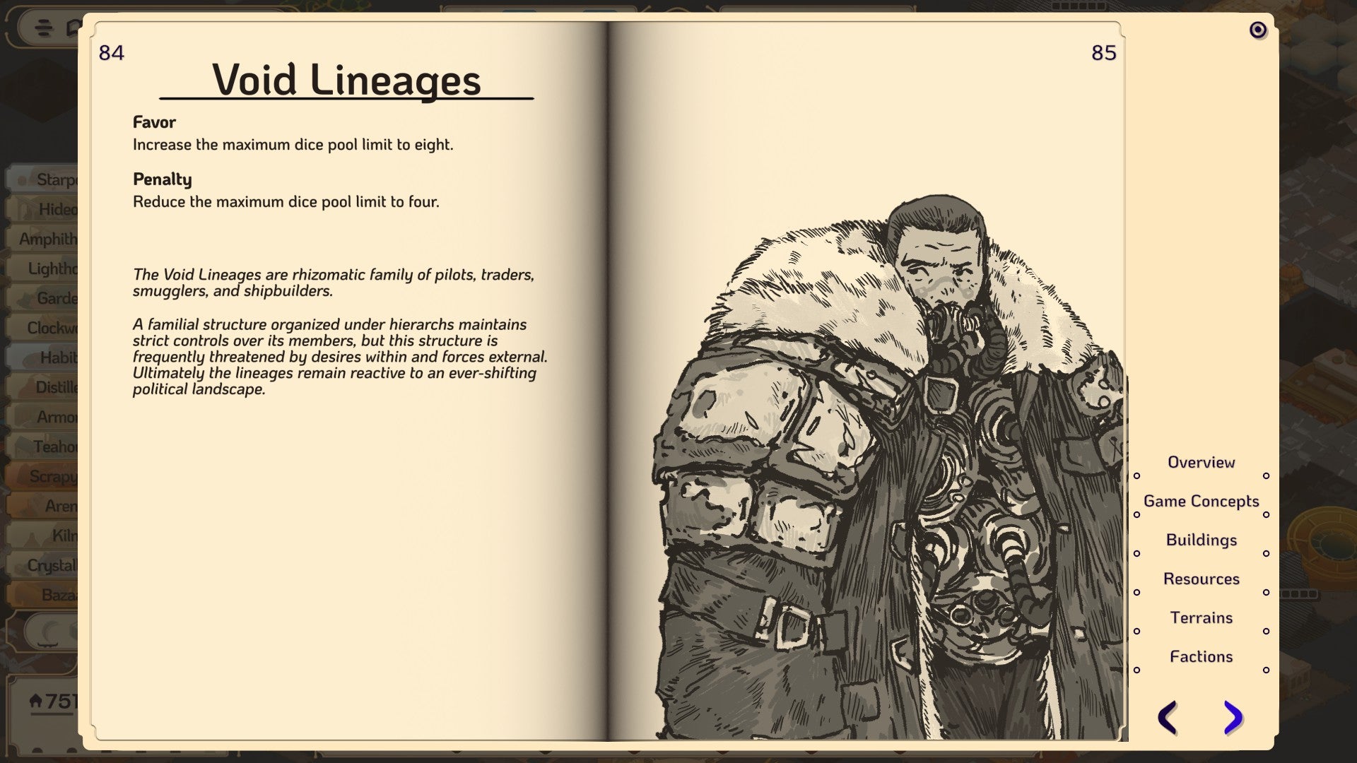 Screenshot from the Amberspire in-game manual showing pages about the Void Lineages faction and an illustration of a human wearing a complicated gas mask/suit and heavy coat