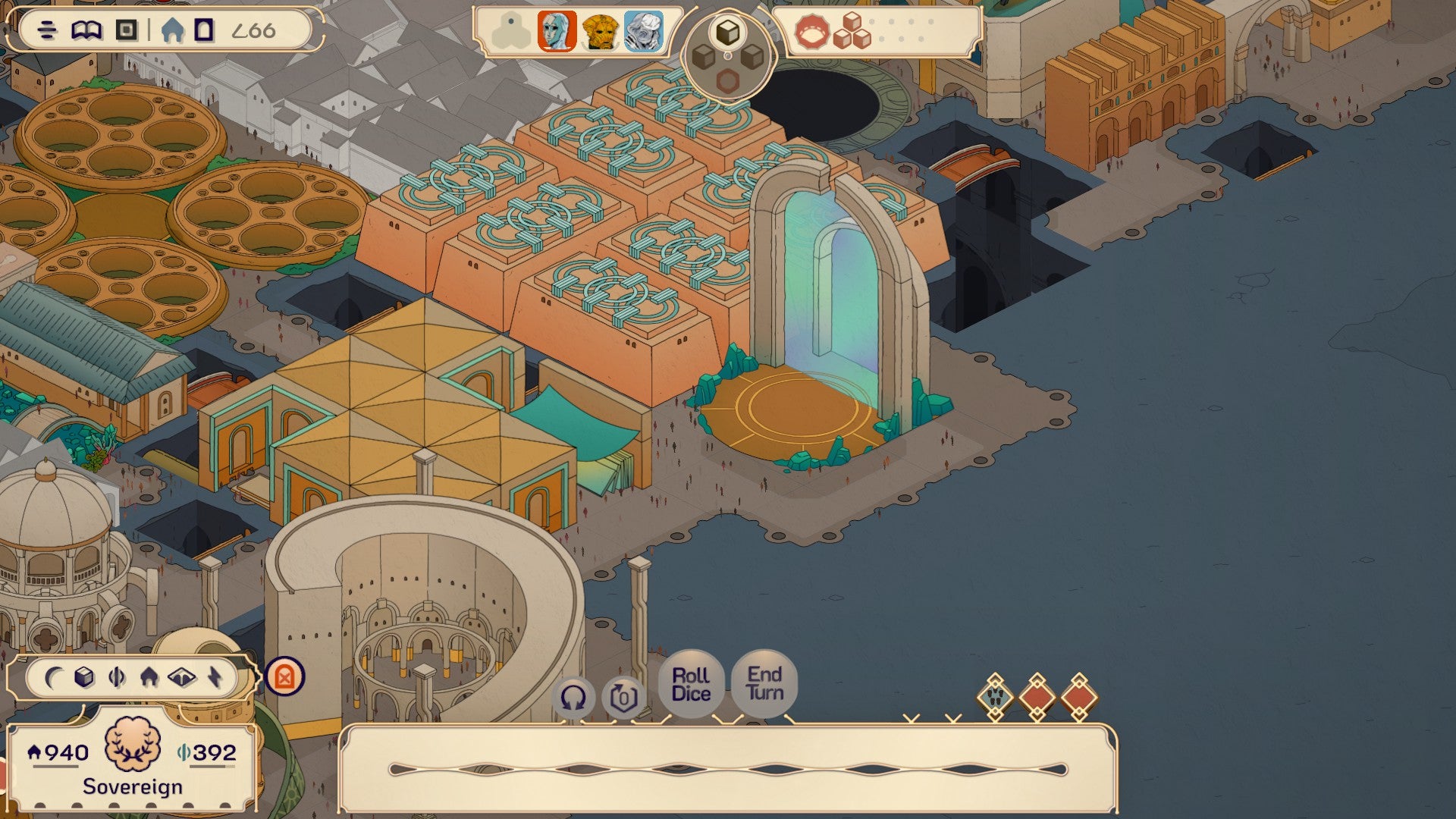 Screenshot from Amberspire showing a close view of some buildings in the city, including the ansible, armorer, furnace, and habitat