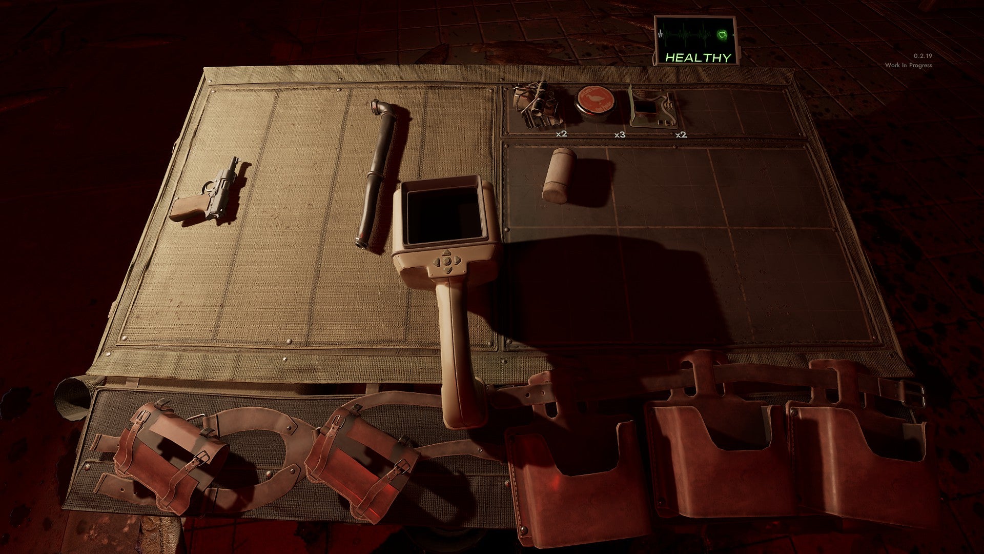 A cloth bag inventory from FPS Industria 2, with gear tucked into holsters and spaces where you can place items for crafting.