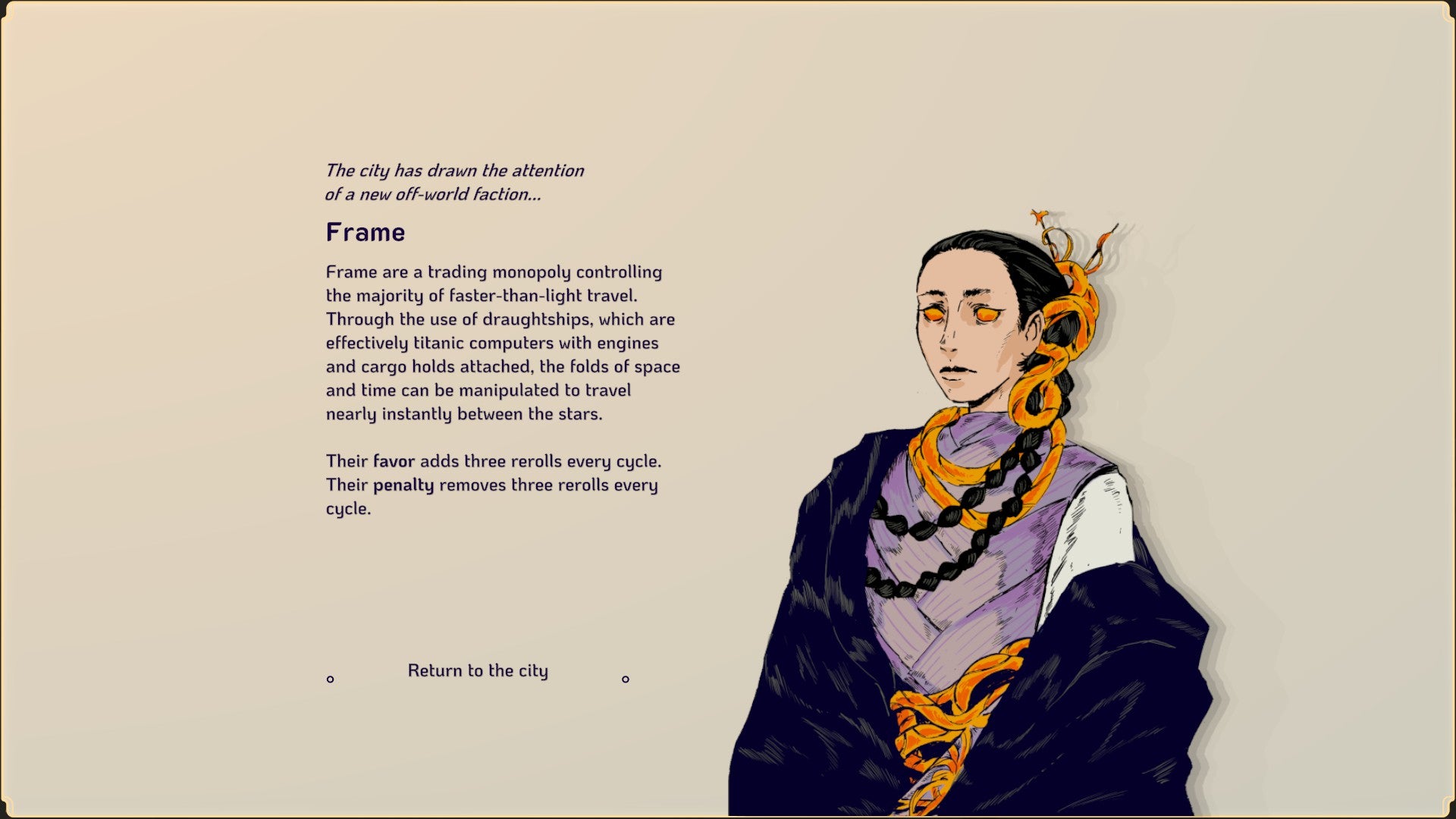 Screenshot from Amberspire showing the arrival of the Frame faction, including a colour illustration of a humanoid with long braids and yellow eyes