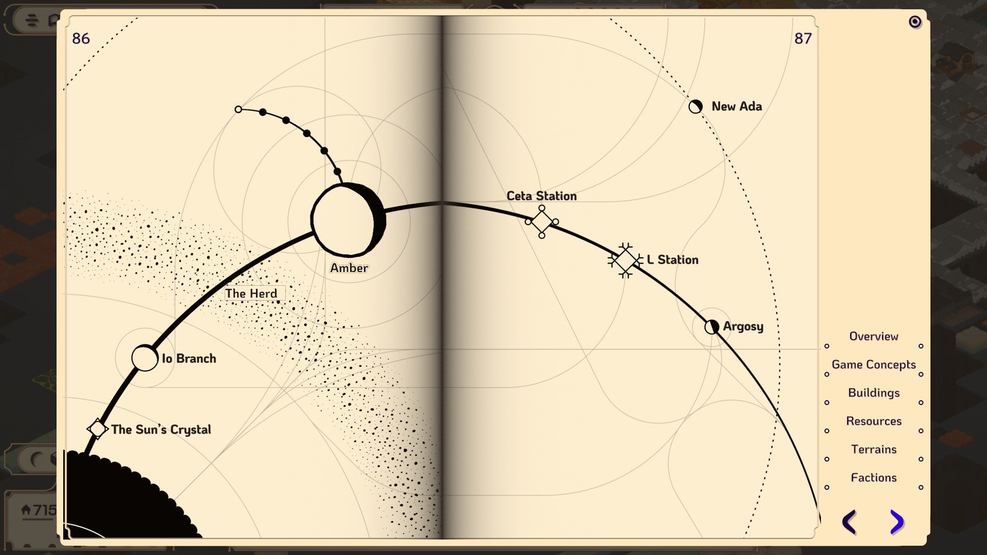 Screenshot from the Amberspire in-game manual showing a map of the Amber system which includes moons and other planets