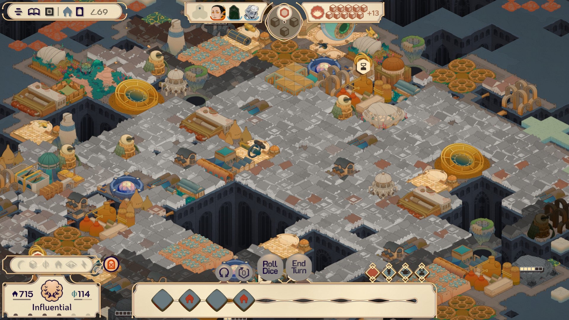 Screenshot from Amberspire showing the titular city and the game UI during a weather roll