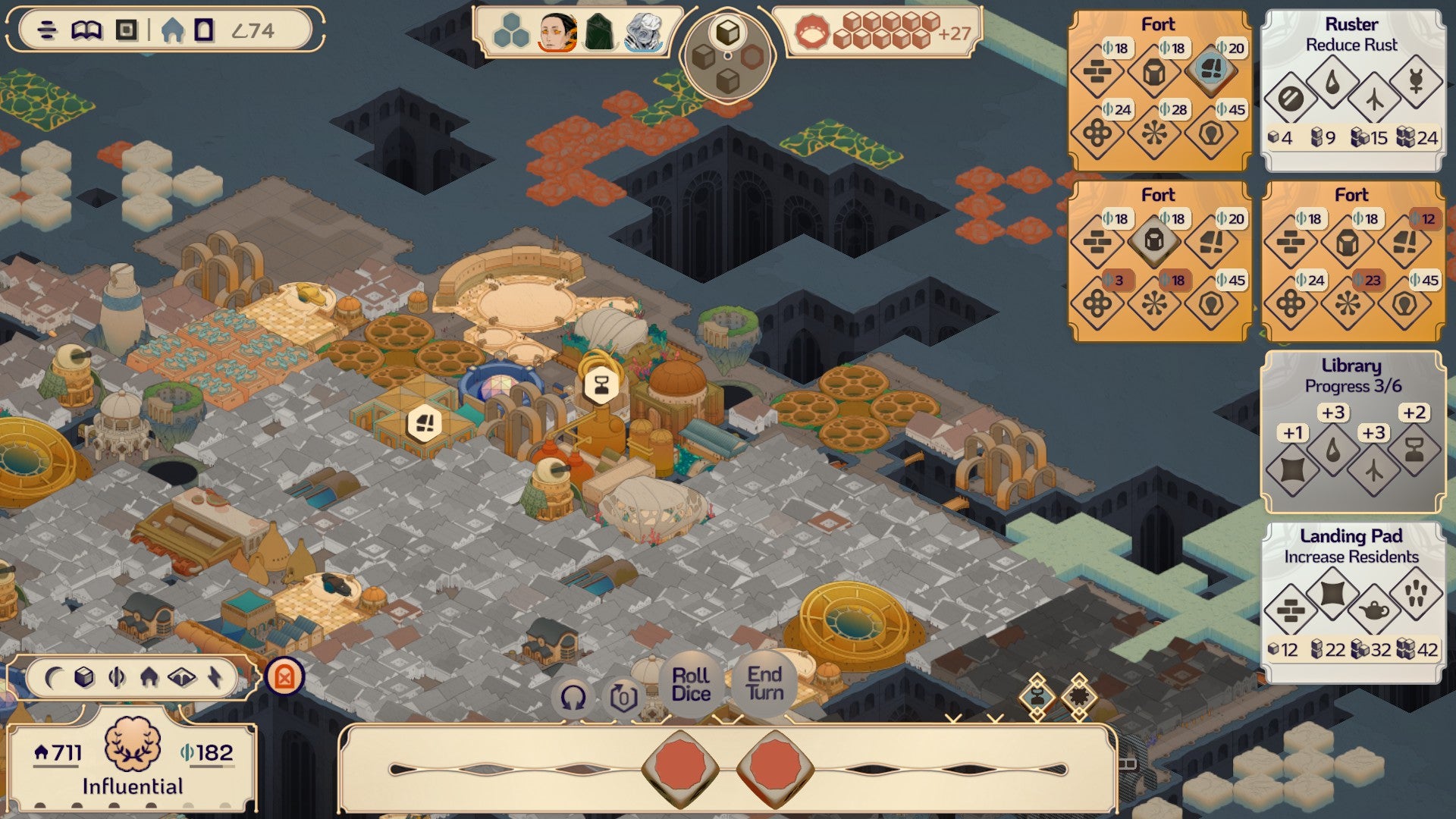 Screenshot from Amberspire showing the titular city and the game UI during a player roll where the player is assigning dice to be used in several buildings under construction
