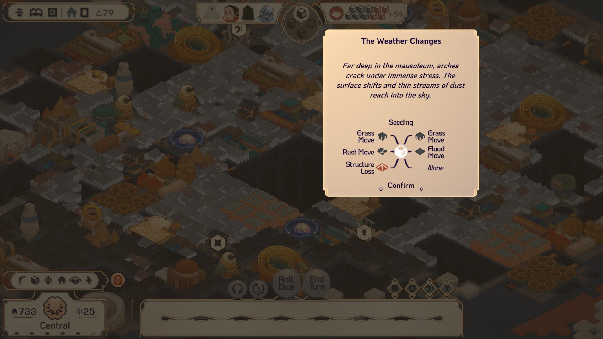 Screenshot from Amberspire showing a weather window prompt that indicates the weather has changed, which means the weather dice have different faces