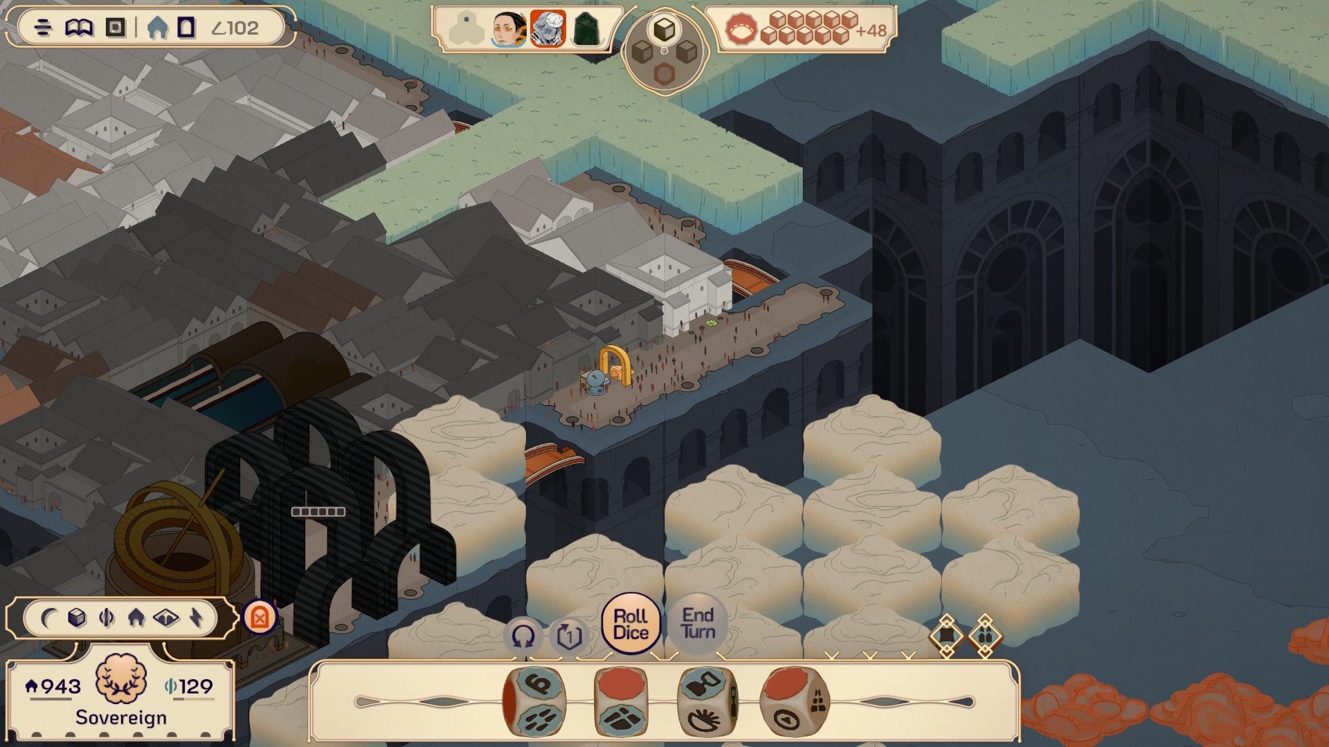 Screenshot from Amberspire showing a close view of buildings that have been disabled by encroaching fog, as well as grass