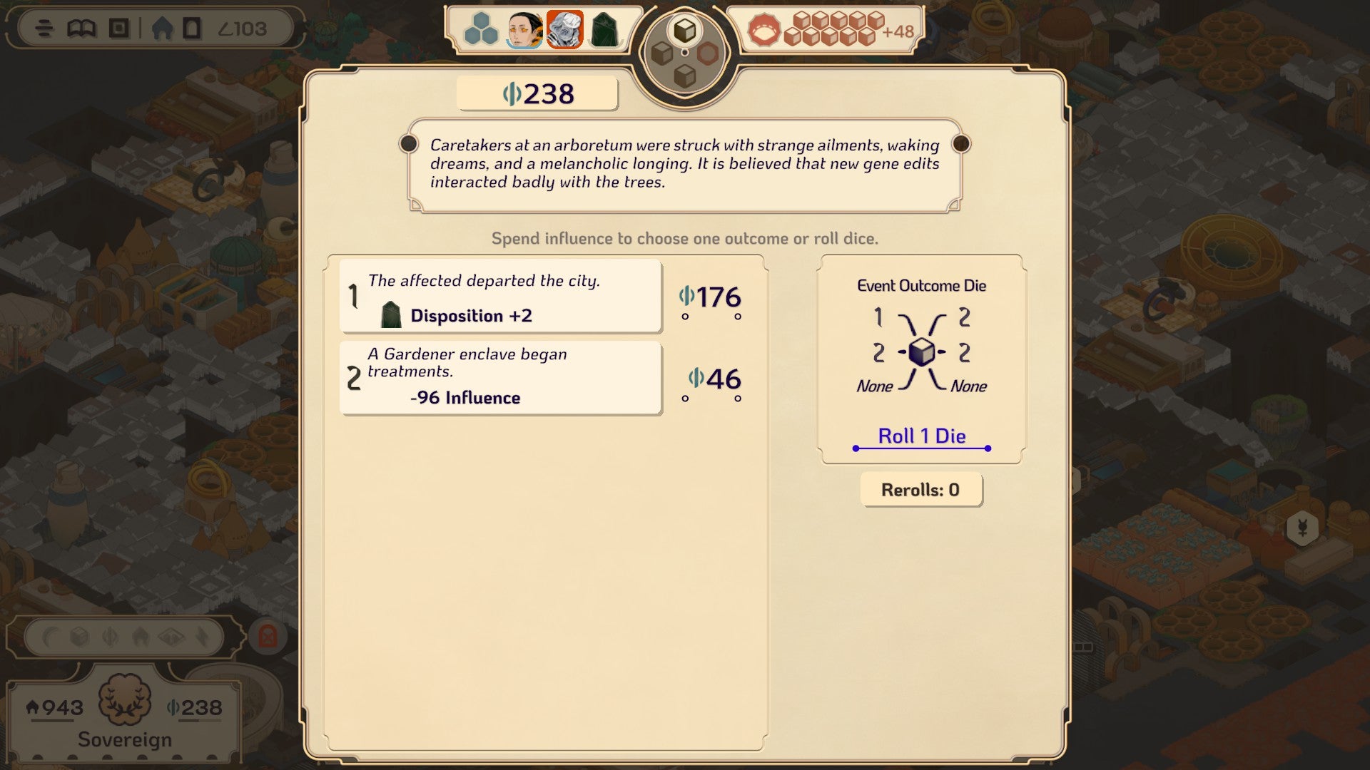 Screenshot from Amberspire that shows an event window where a strange disease afflicts some arboretum workers, and the player must determine the outcome by rolling dice or spending influence