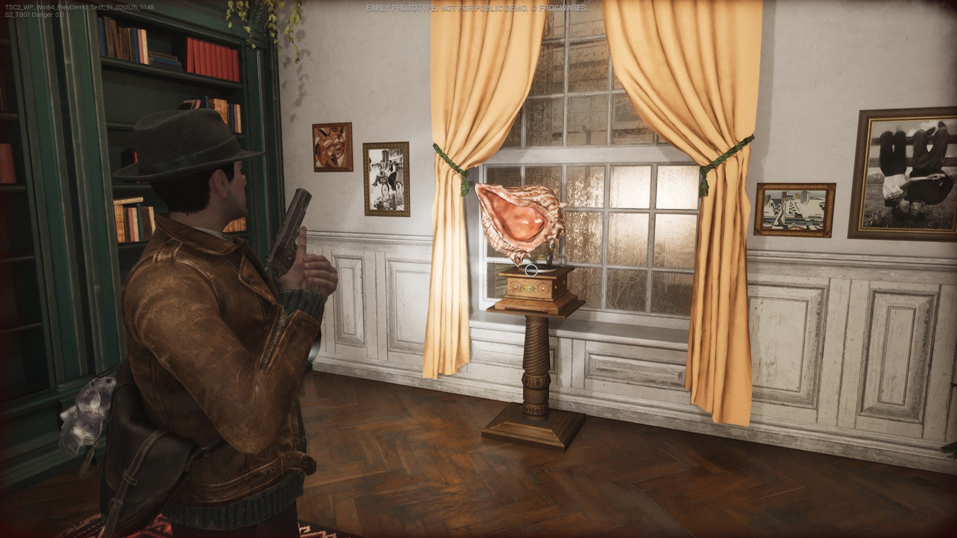 In a brightly-lit Safe Room of The Sinking City 2, with a gramophone in its centre.