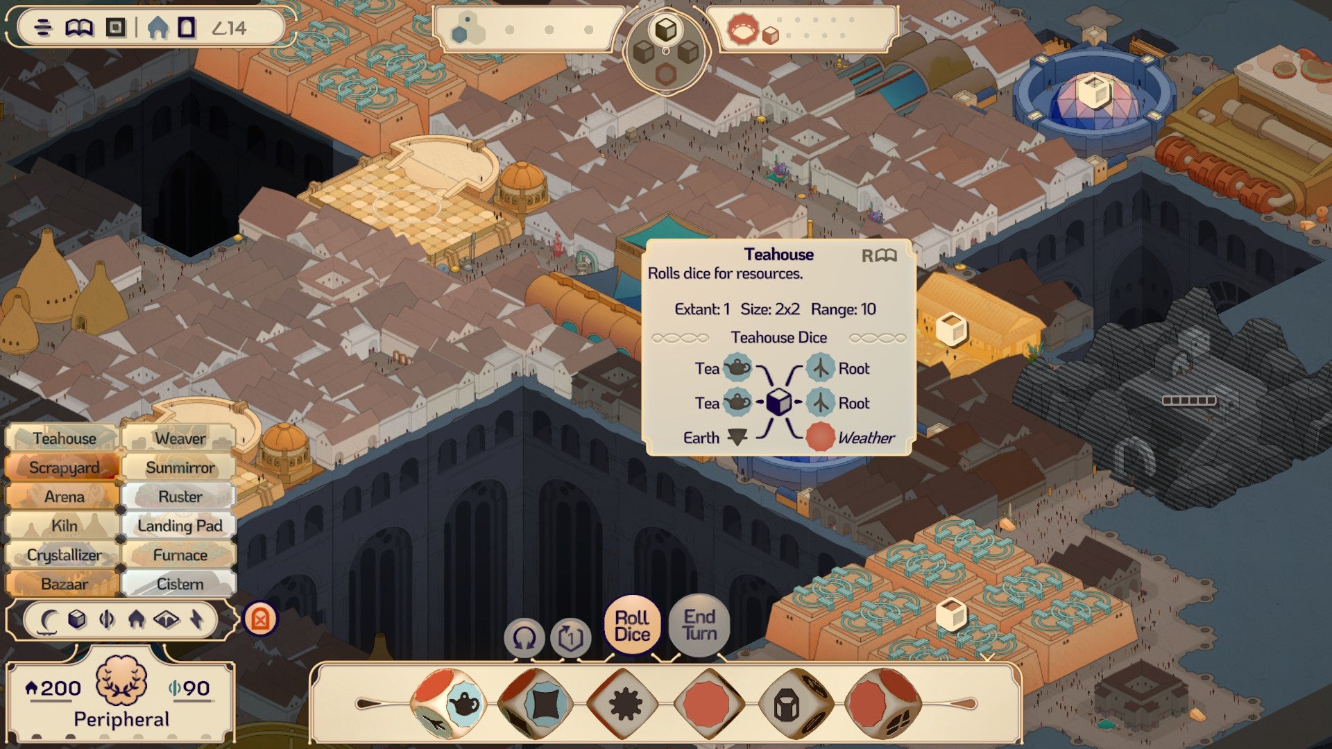 A city in Amberspire, with a mouseover pop-up showing what resources a particular building could produce.