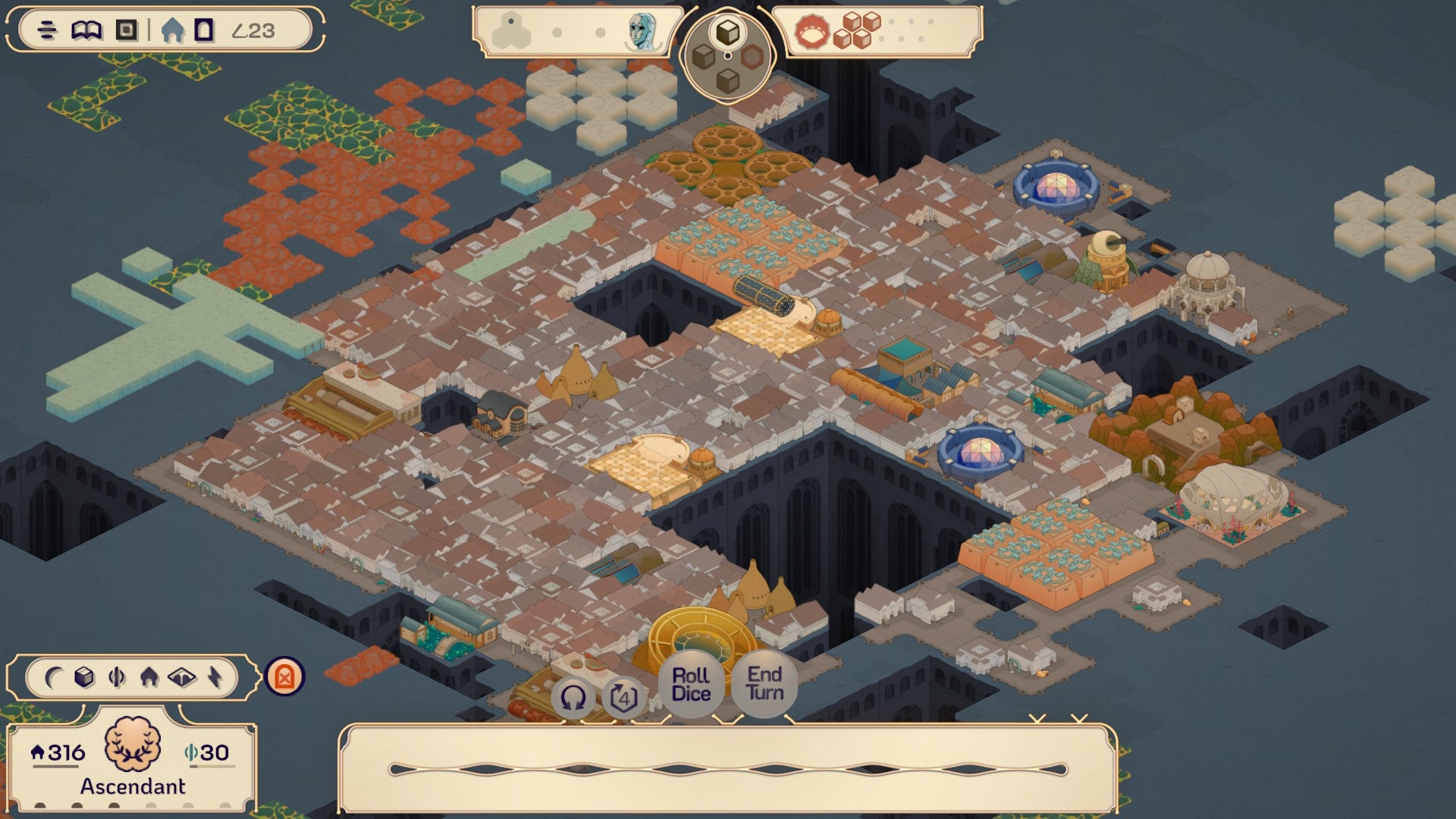 An isometric city in Amberspire, laid out in isometric view with Venetian architecture and colourful patches of rust, grass and smog along the outskirts.