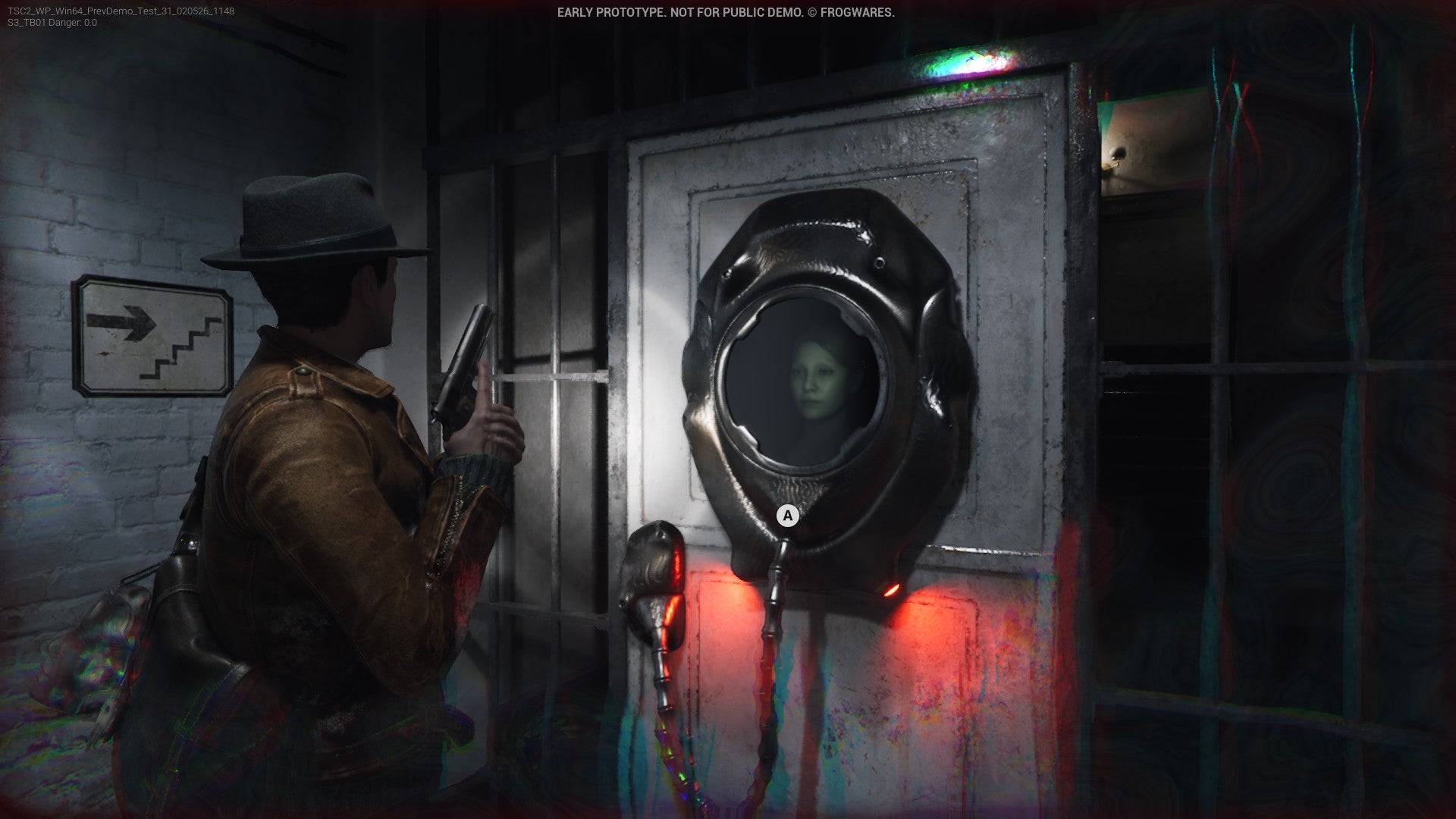 Standing in front of a door in The Sinking City 2 with a creepy mechanism that's both keeping it closed and displaying a ghostly face in its centre.