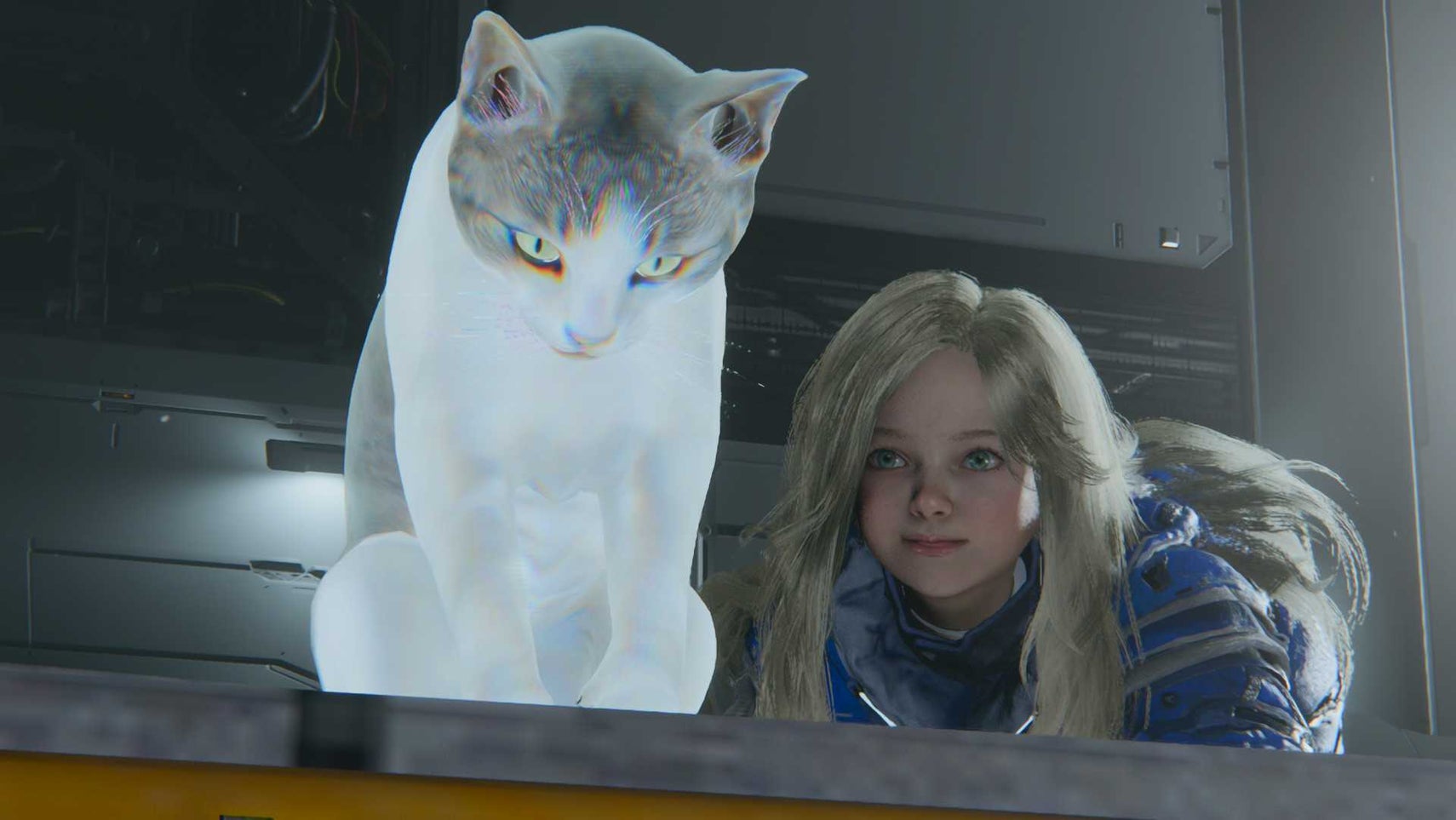A blonde haired girl in a blue jacket sneaks up behind a spectral cat in Pragmata