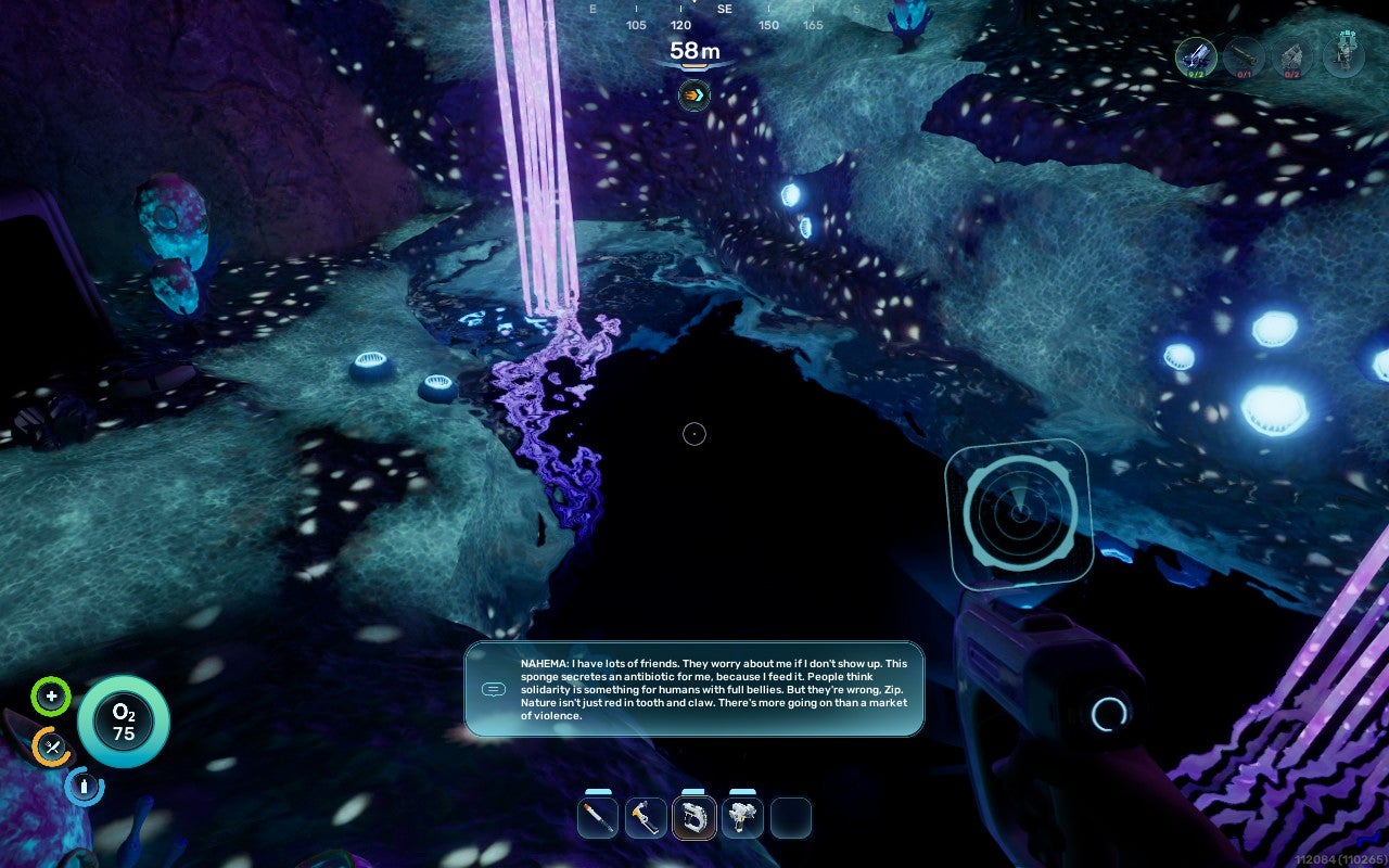 An undersea cave in Subnautica 2, with glowing purple tendrils descending from creatures attached to the ceiling, and blue coral growths.