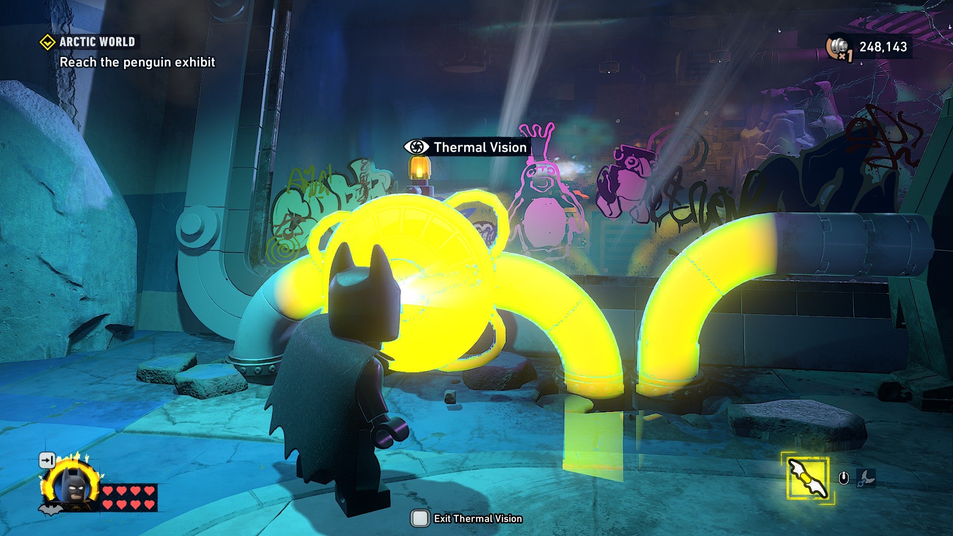 Lego Batman: Legacy of the Dark Knight screenshot showing Batman in a room with glowing neon yellow pipes