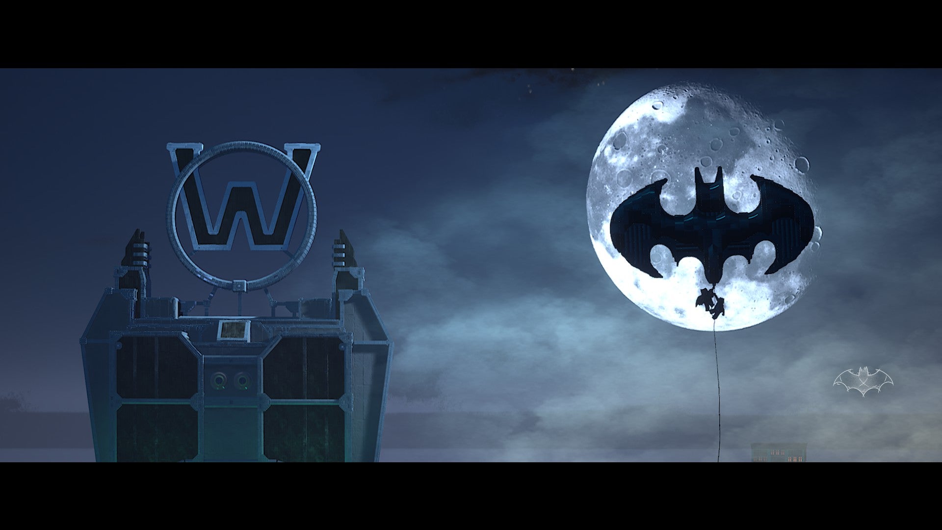 Lego Batman: Legacy of the Dark Knight screenshot showing the Bat signal in the night sky