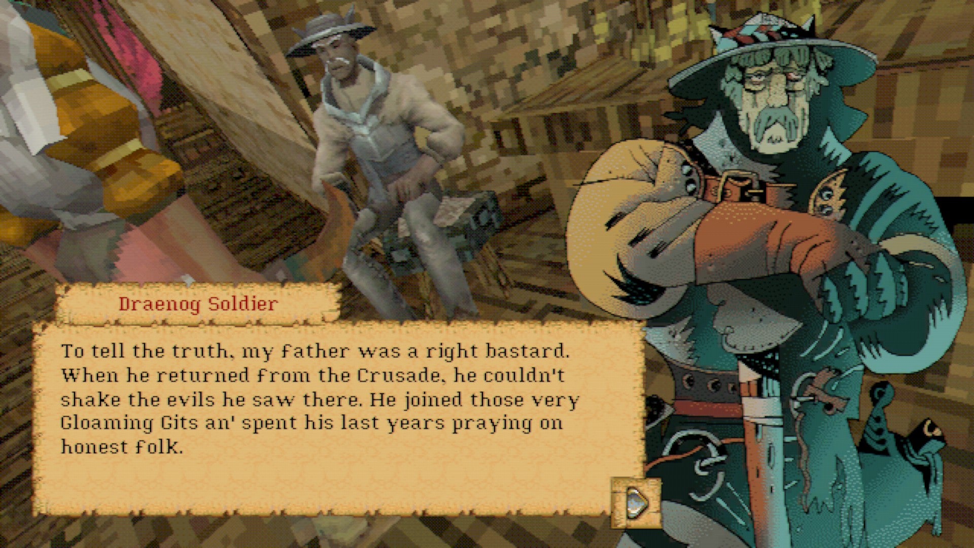 A conversation with an old soldier in the RPG Entropy. The soldier is reflecting on how much he used to hate his dad.