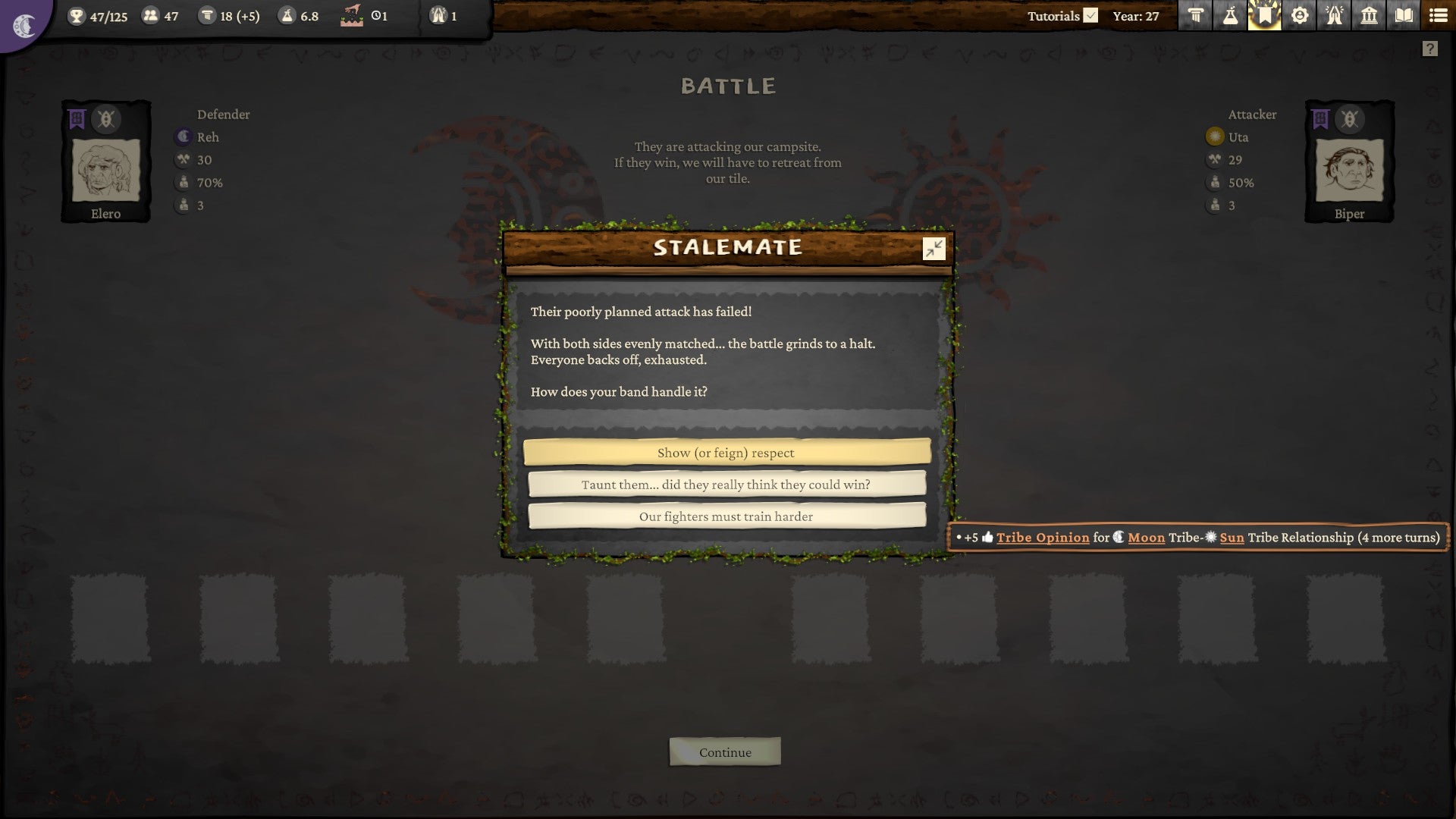 A menu describing a stalemate battle outcome in Folk Emerging.