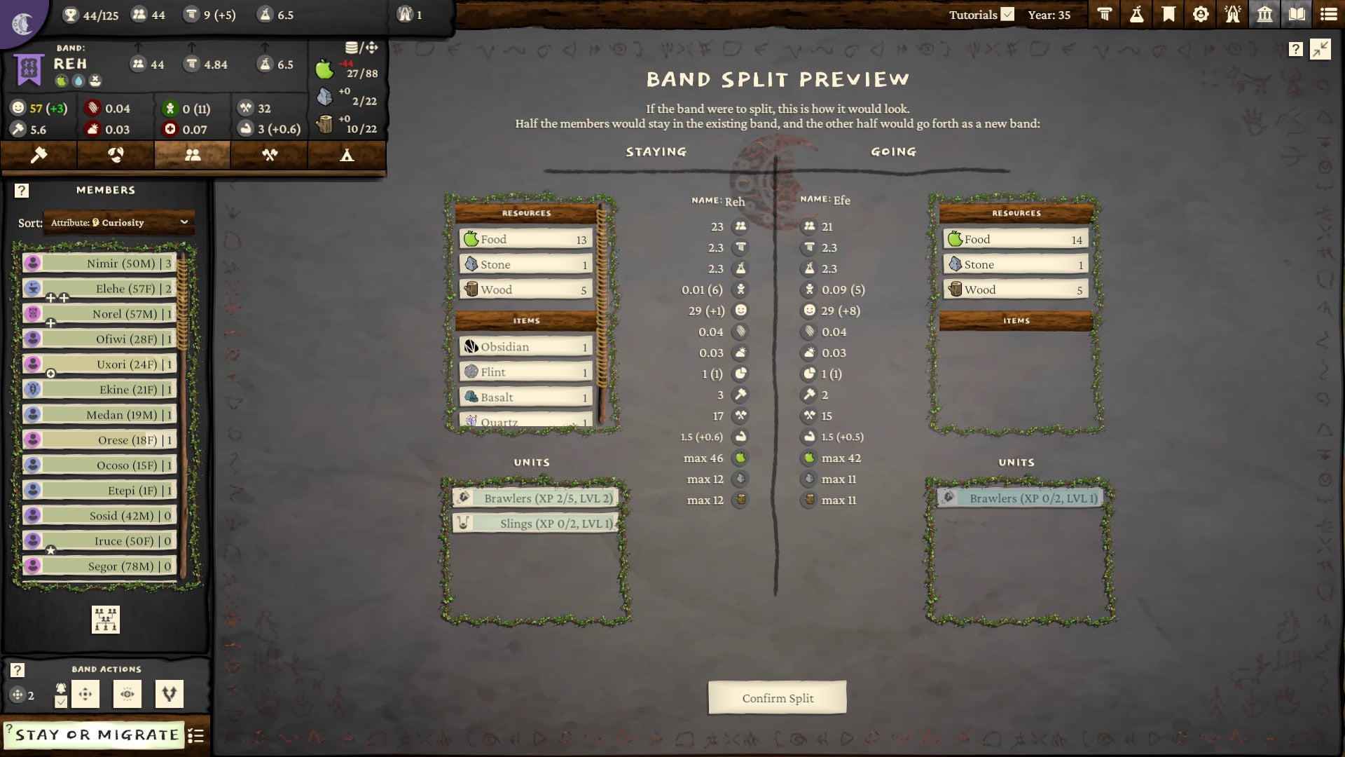 A screen for splitting a tribe into different bands, each with a share of the resources, from Folk Emerging.