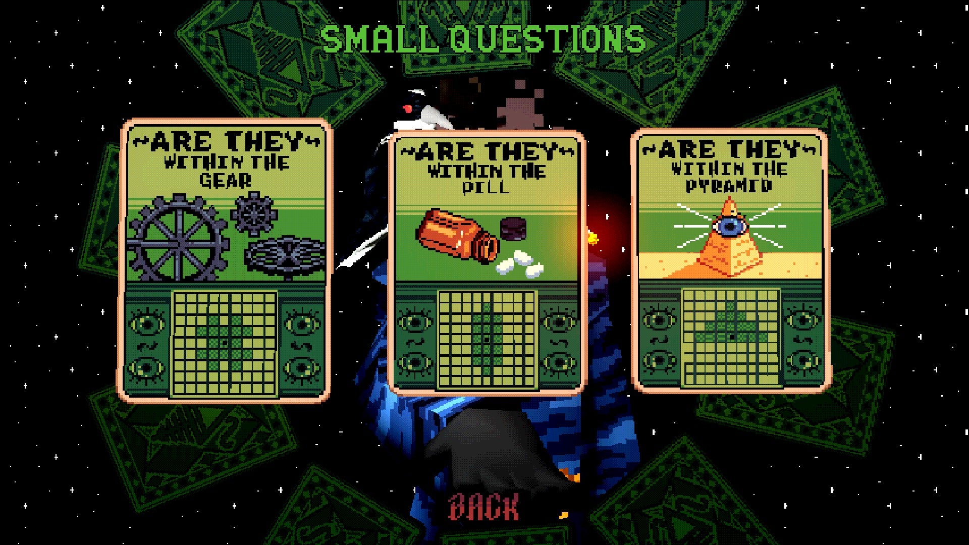 Three cards with block pictures that cover a certain area of your map in Feed the Pit.