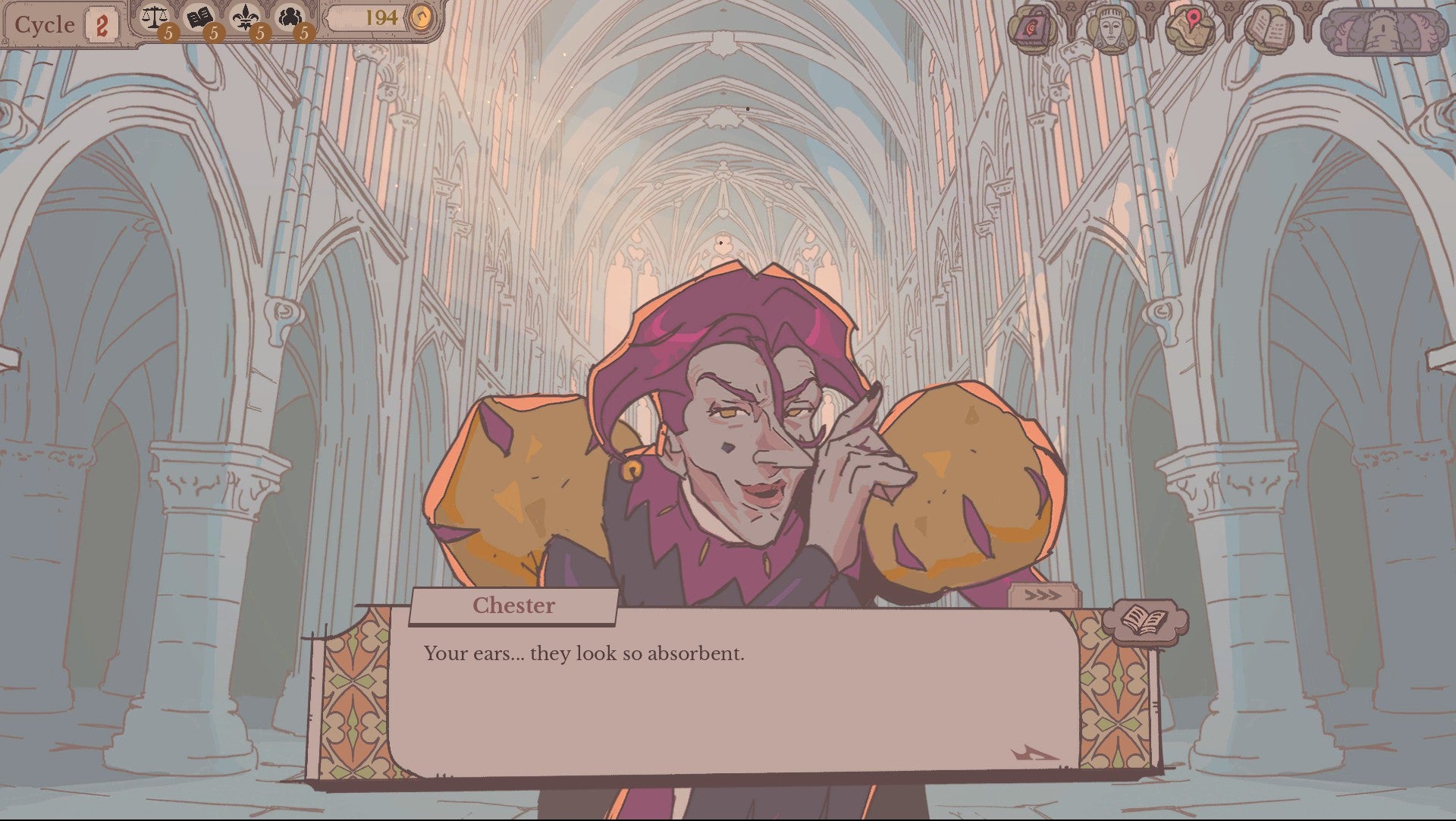 A jester leaning conspiratorially towards you in Sovereign Tower while remarking that your ears seem very "absorbent".