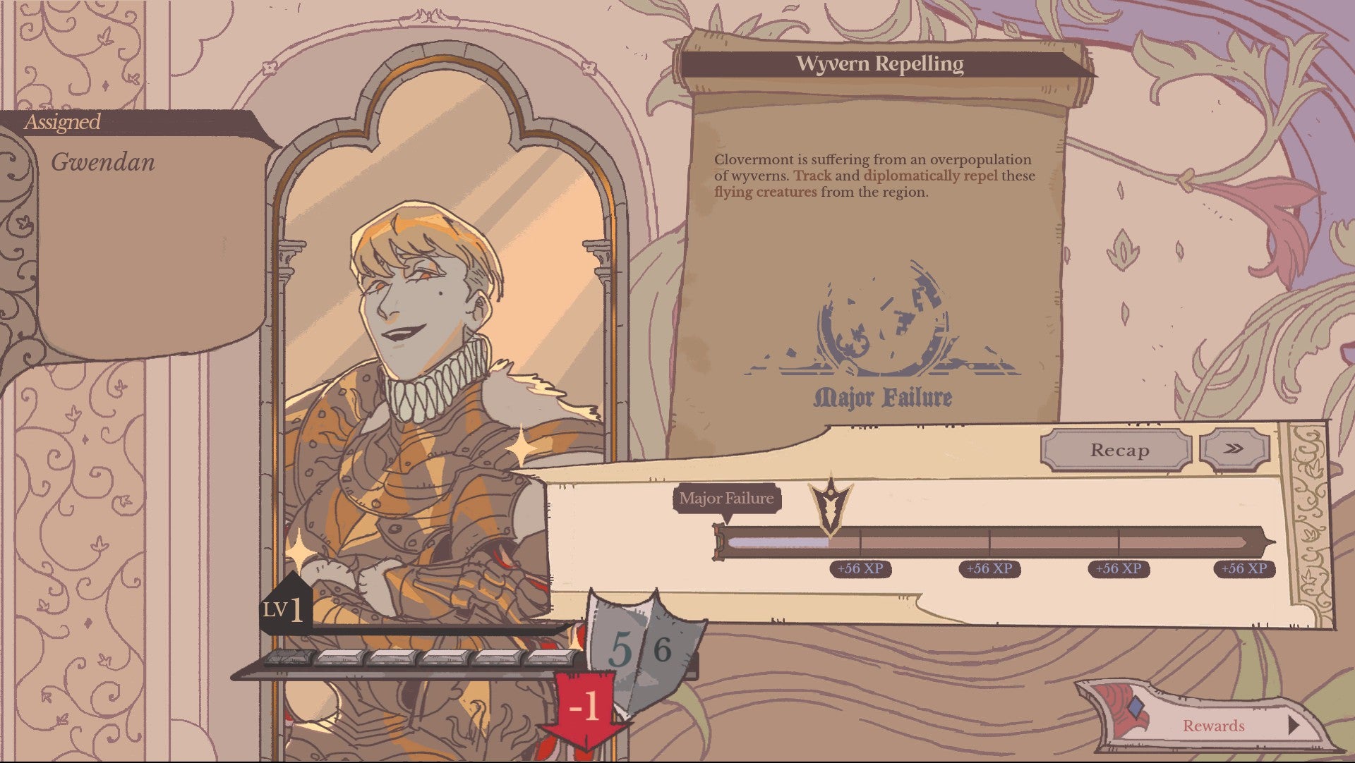 A quest completion screen in Sovereign Tower, showing a knight's failure to repel a bunch of wyverns.