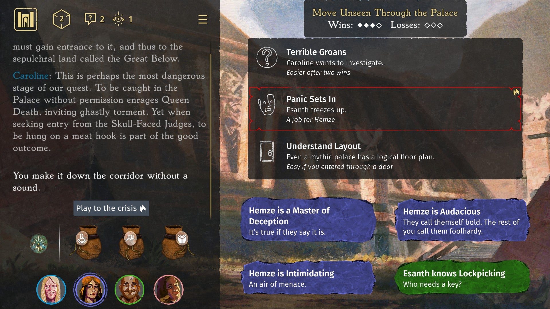 A palace infiltration in Thousand Hells, with the player crew deciding whether to investigate some terrible groans or suss out the floorplan while dealing with mounting panic.
