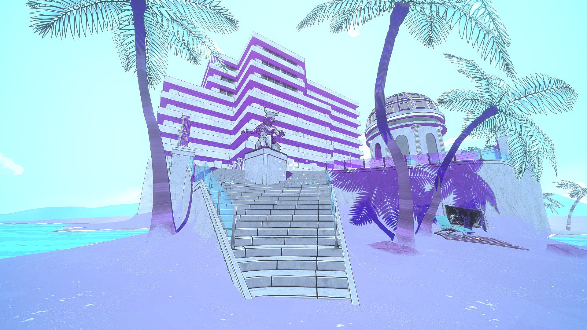 A view up the stairs from the beach towards a resort hotel with palm trees to either side, in Roman Sands.