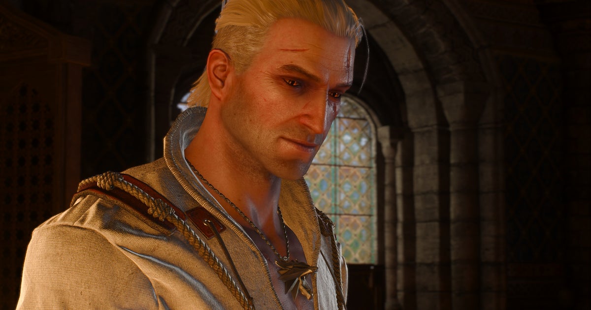 A clean-shaven, white-haired, middle-aged man with a slightly scarred face, and a thick, rough-looking shirt on, and a silver wolf medallion. It's Geralt in The Witcher 3.