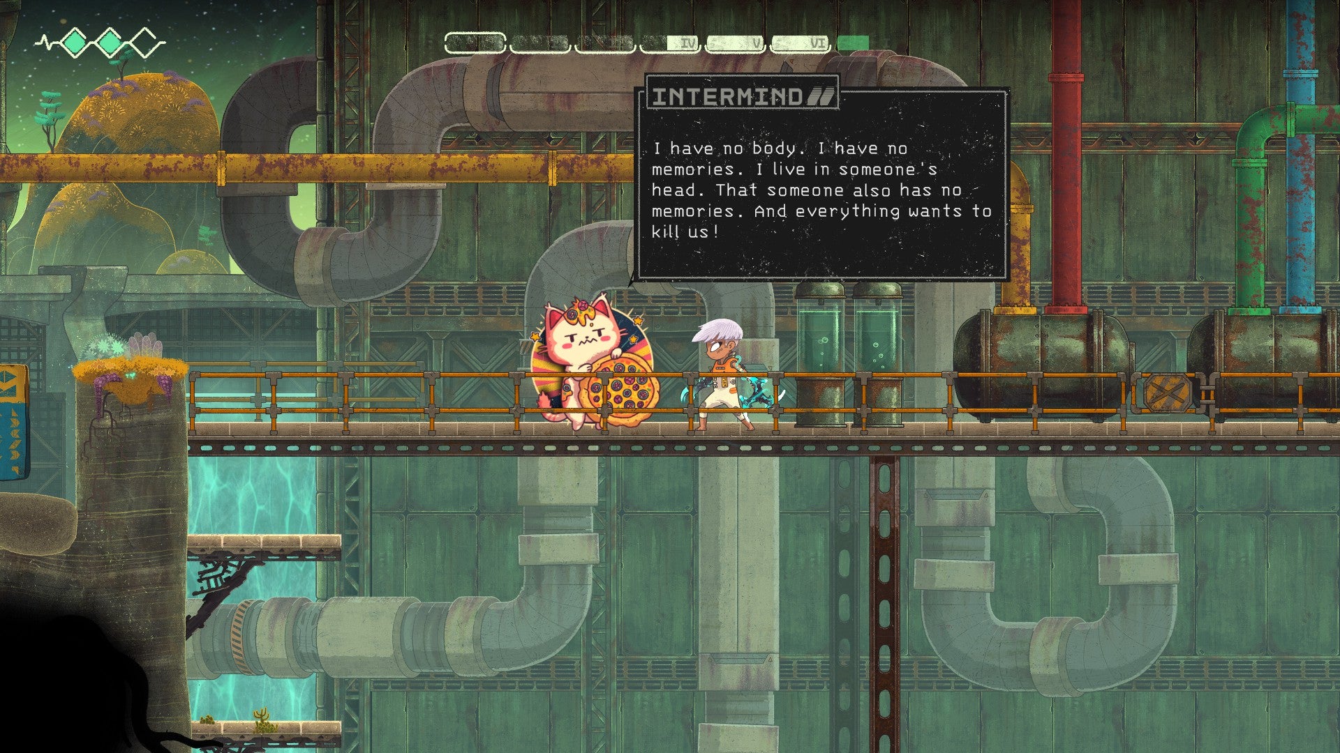 A conversation with a holographic cat in Echo Weaver, taking place near a huge rusty metal silo with pipes. The cat is complaining that everybody wants to kill them.